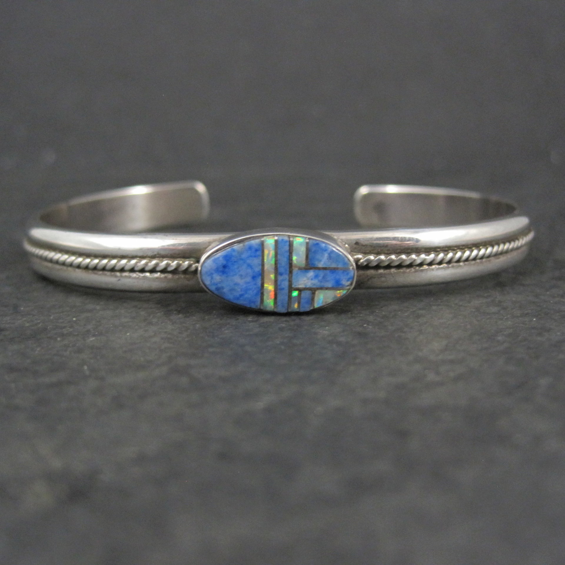 Southwestern Sterling Denim Lapis and Opal Inlay Cuff Bracelet 6.5