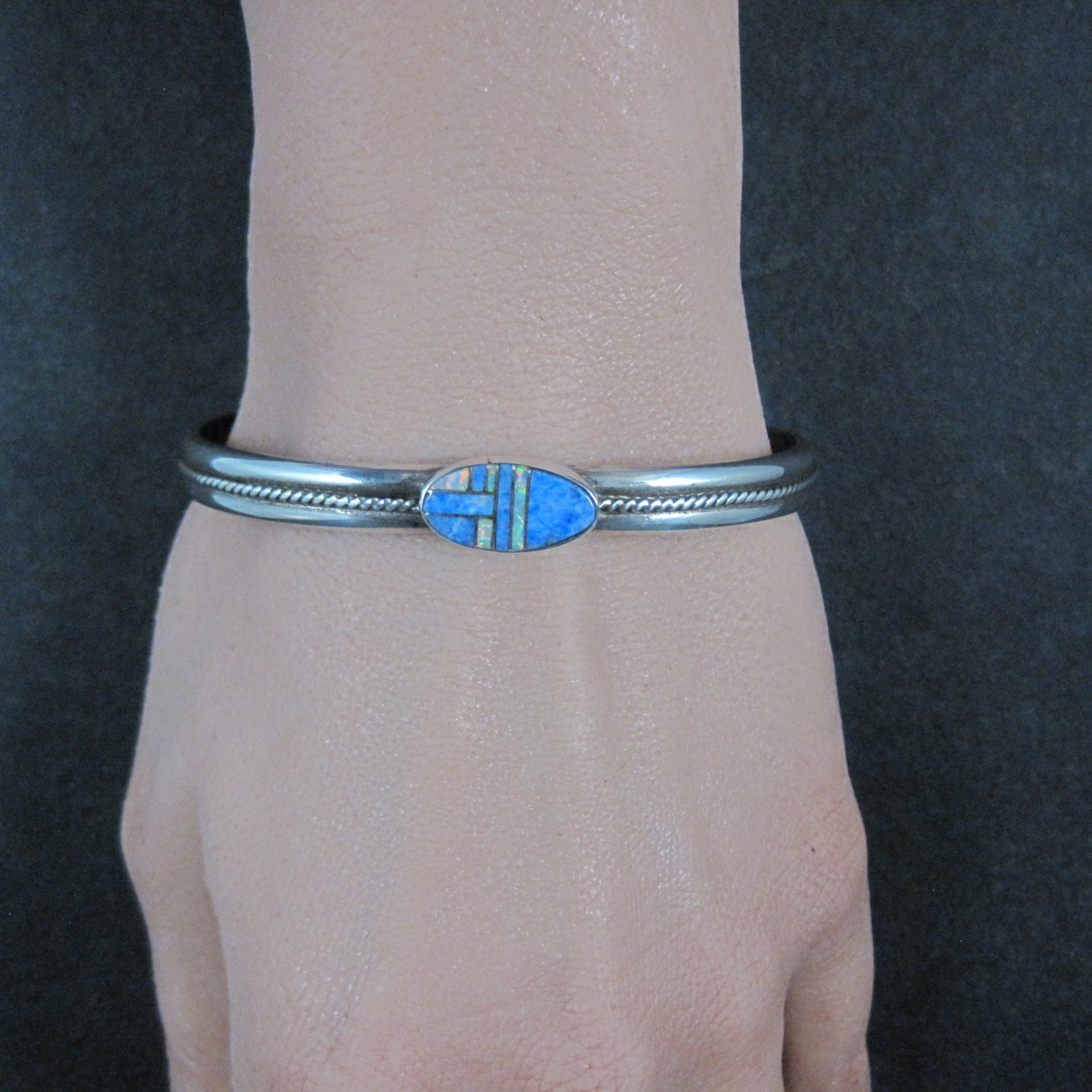 Southwestern Sterling Denim Lapis and Opal Inlay Cuff Bracelet 6.5