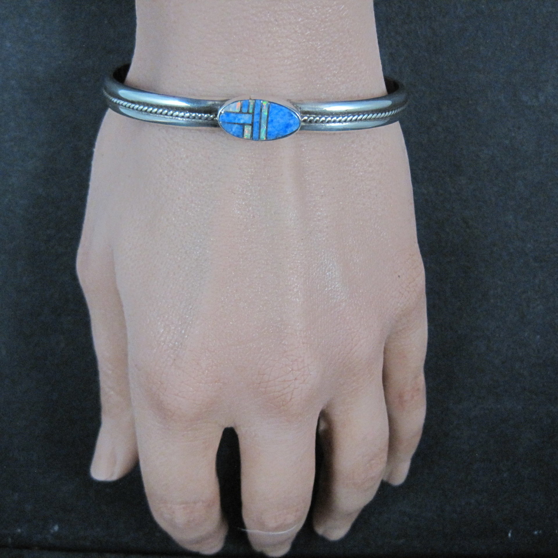 Southwestern Sterling Denim Lapis and Opal Inlay Cuff Bracelet 6.5