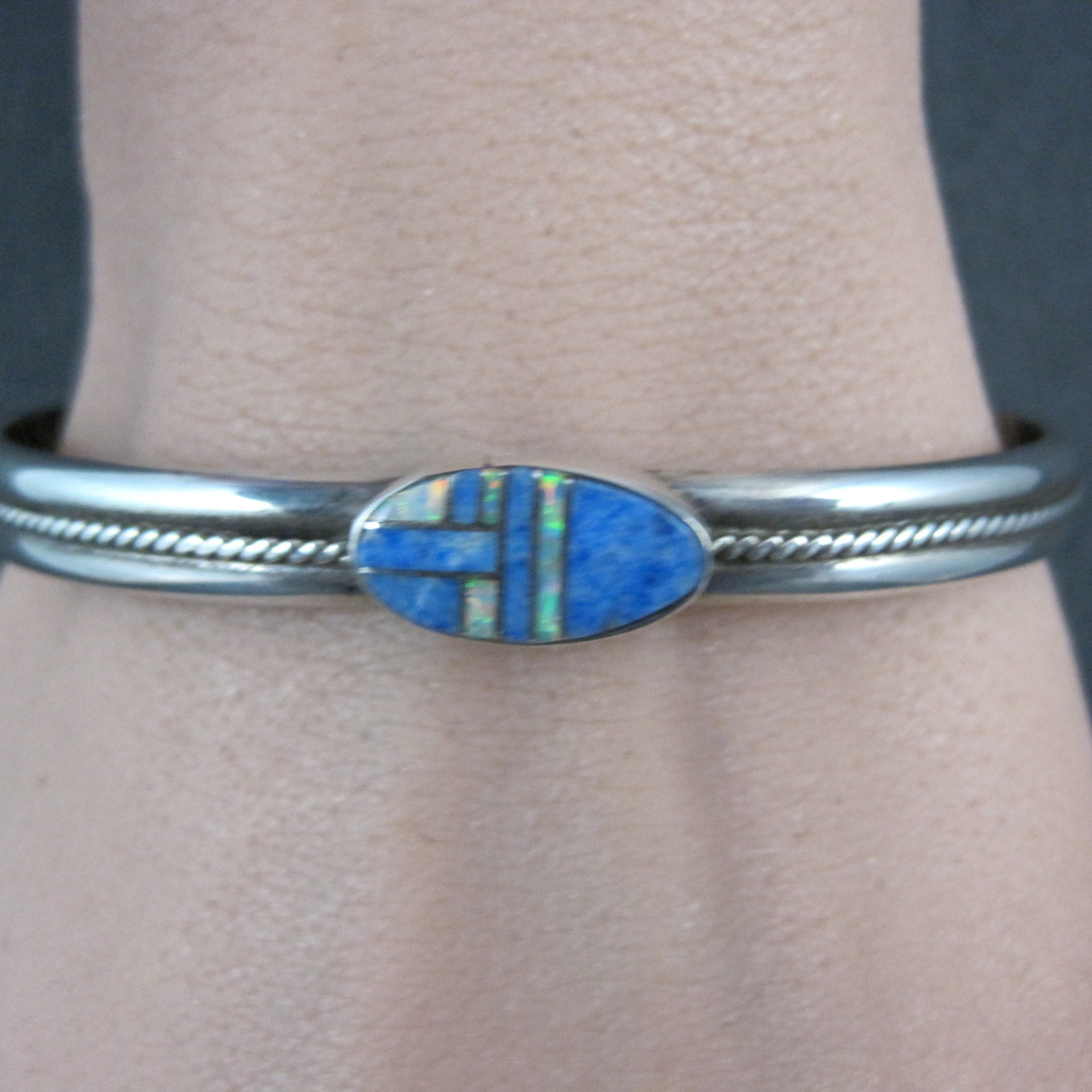 Southwestern Sterling Denim Lapis and Opal Inlay Cuff Bracelet 6.5