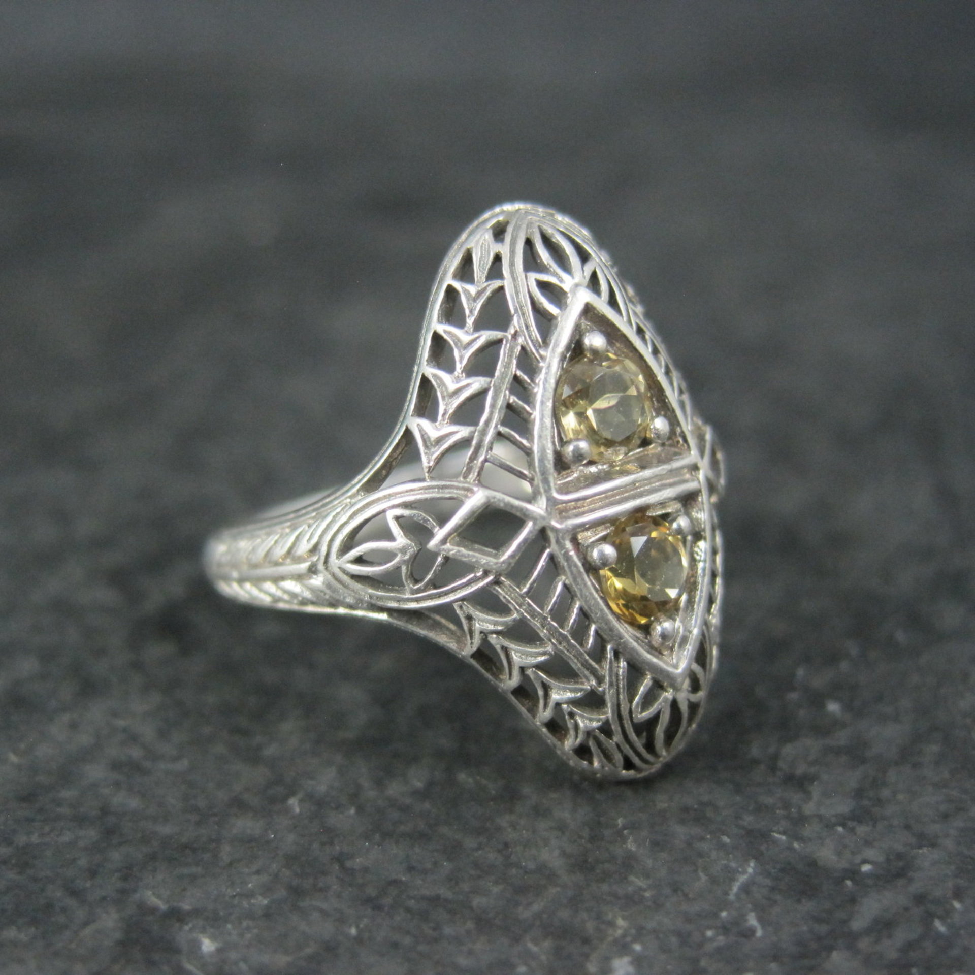 Vintage Sterling Silver Filigree Citrine Ring Size 6 Art Deco Reproduction