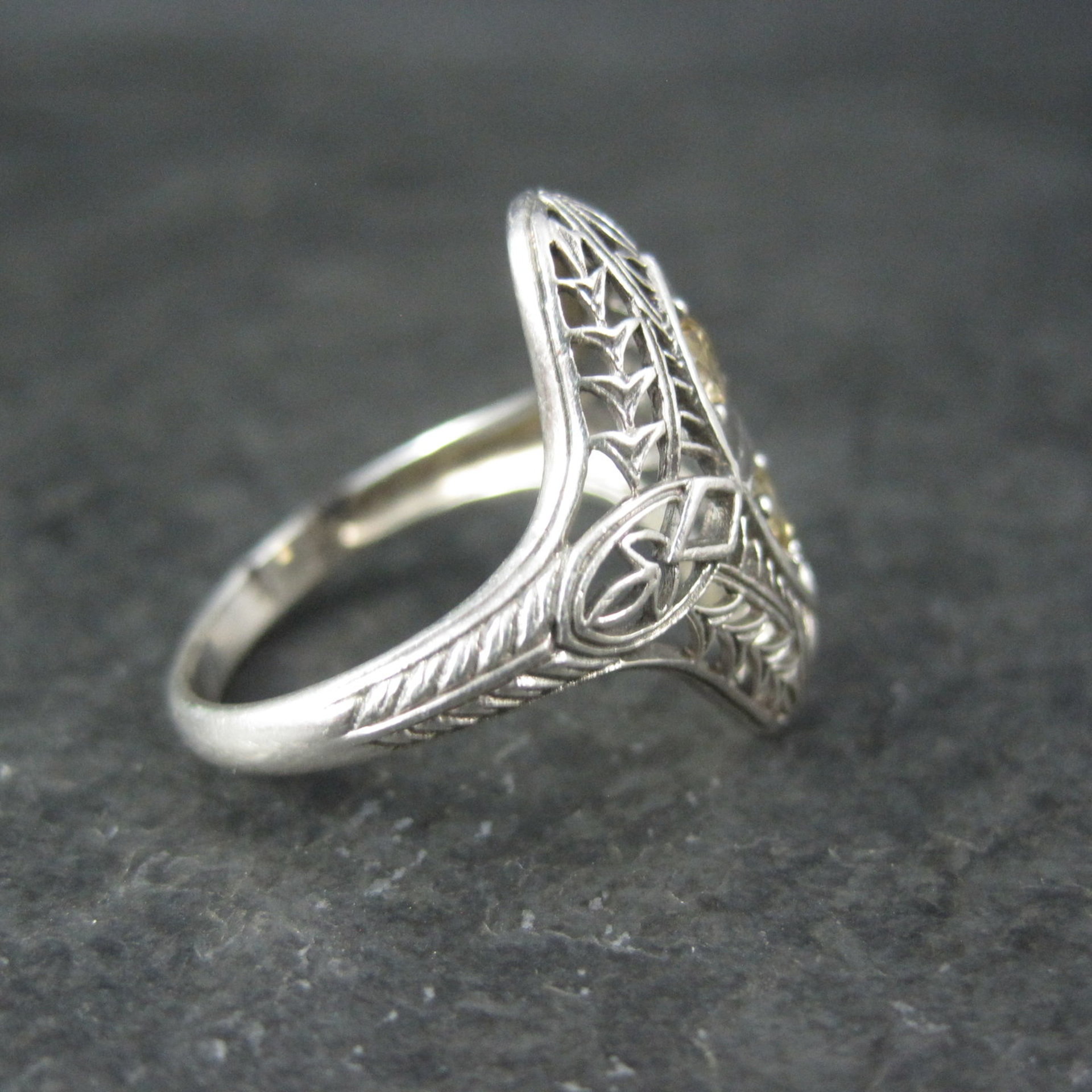 Vintage Sterling Silver Filigree Citrine Ring Size 6 Art Deco Reproduction