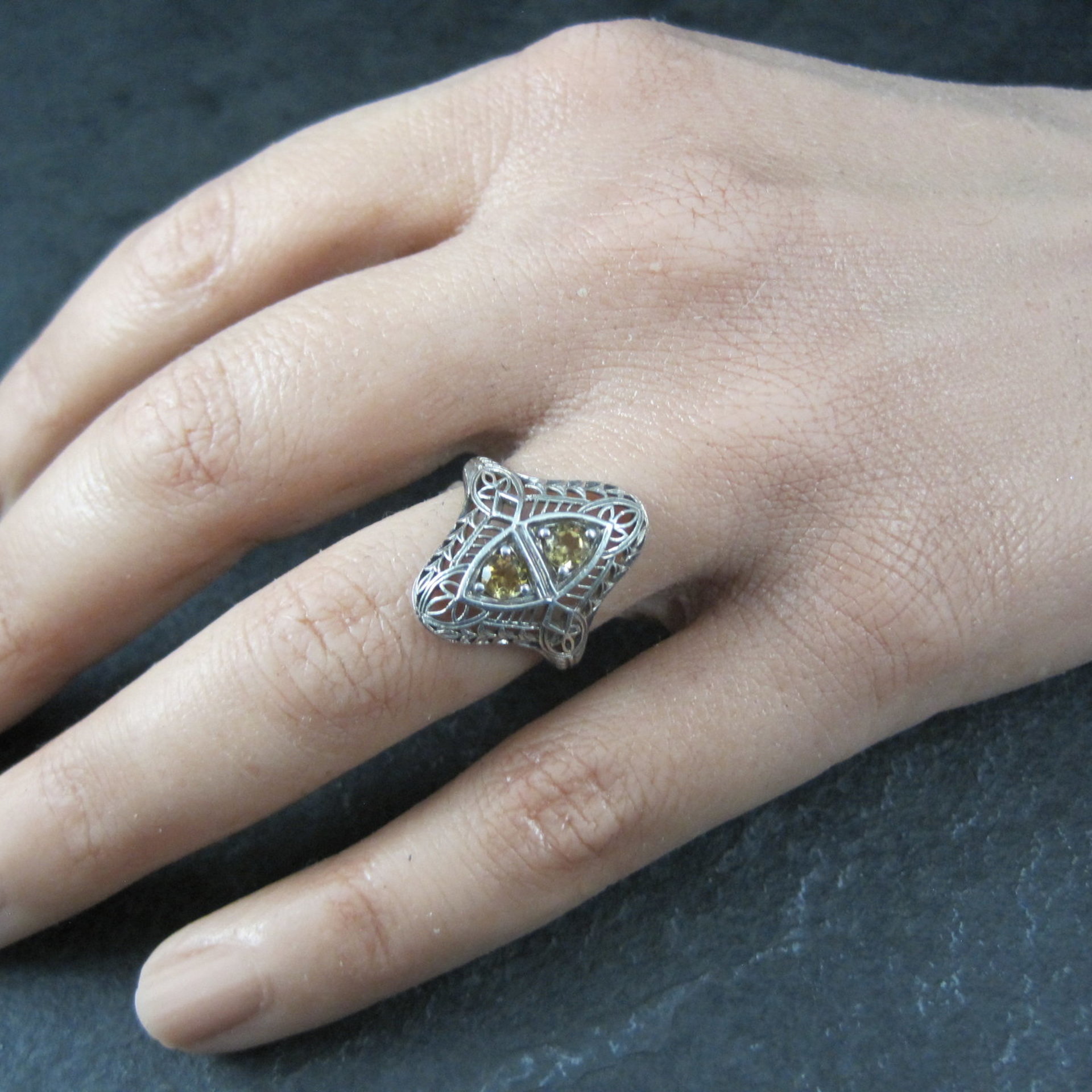 Vintage Sterling Silver Filigree Citrine Ring Size 6 Art Deco Reproduction
