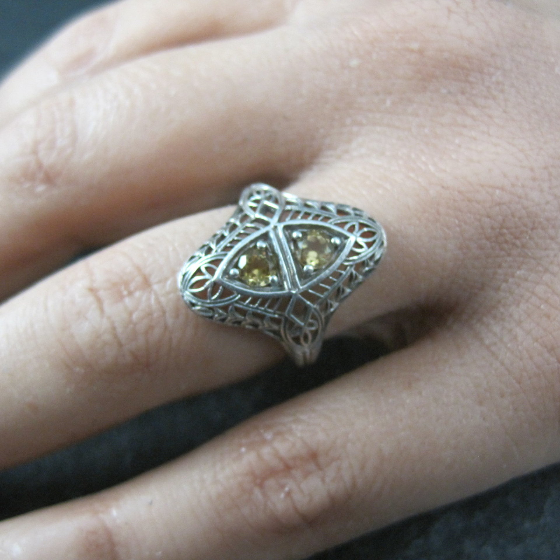 Vintage Sterling Silver Filigree Citrine Ring Size 6 Art Deco Reproduction