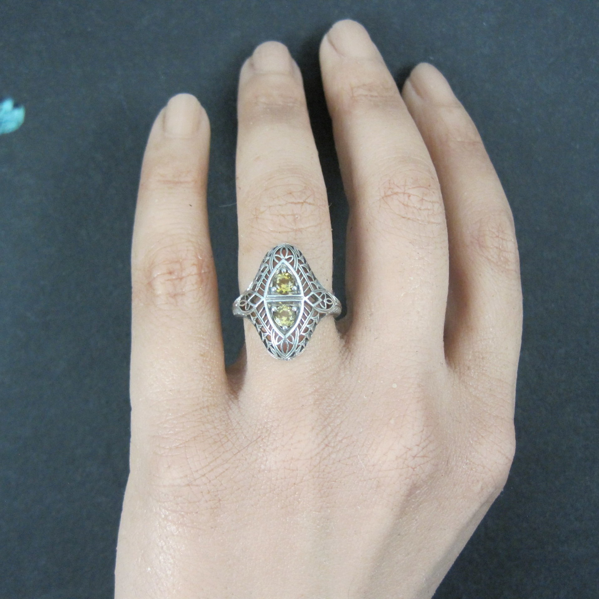 Vintage Sterling Silver Filigree Citrine Ring Size 6 Art Deco Reproduction