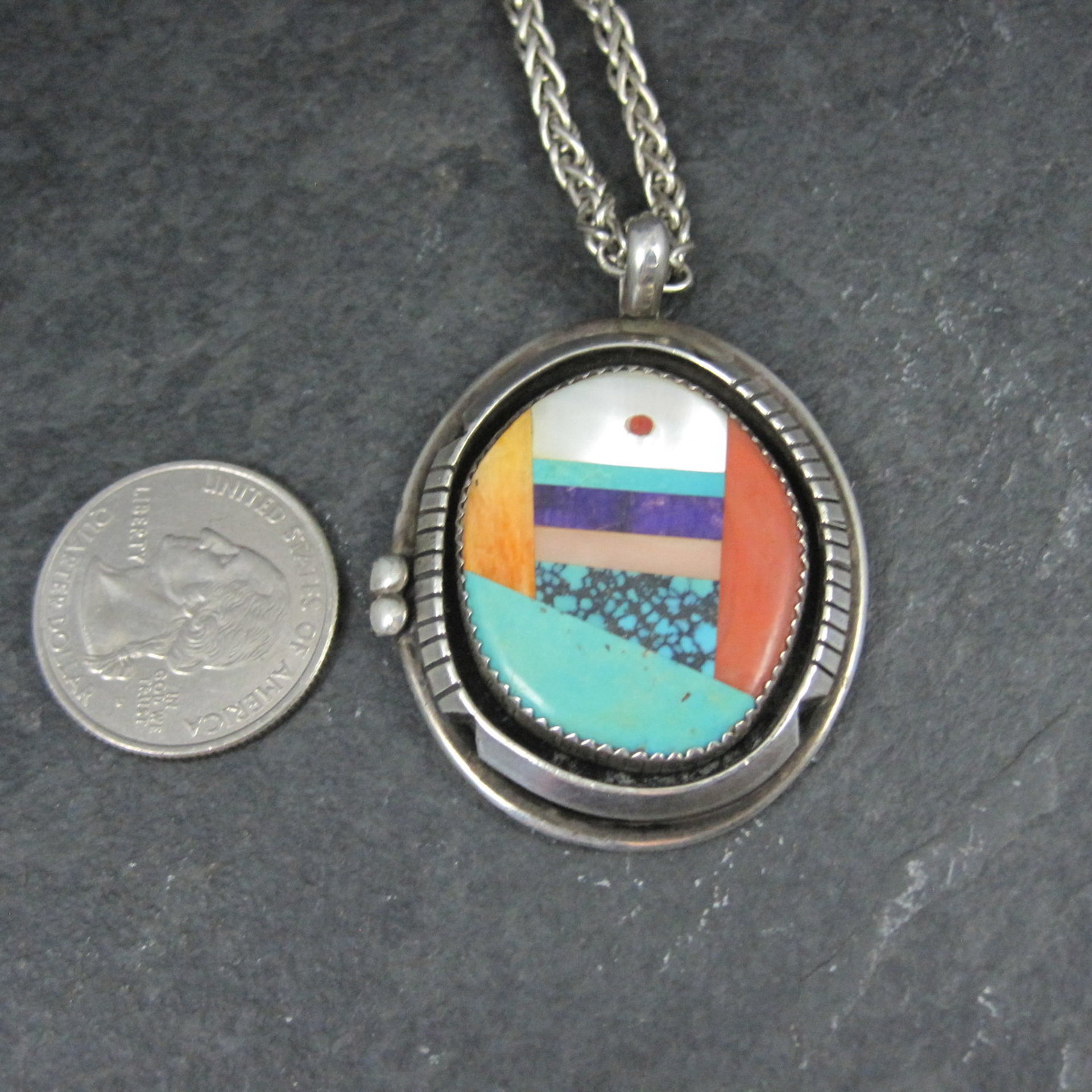 Large Sterling Silver Native American Inlay Pendant Necklace