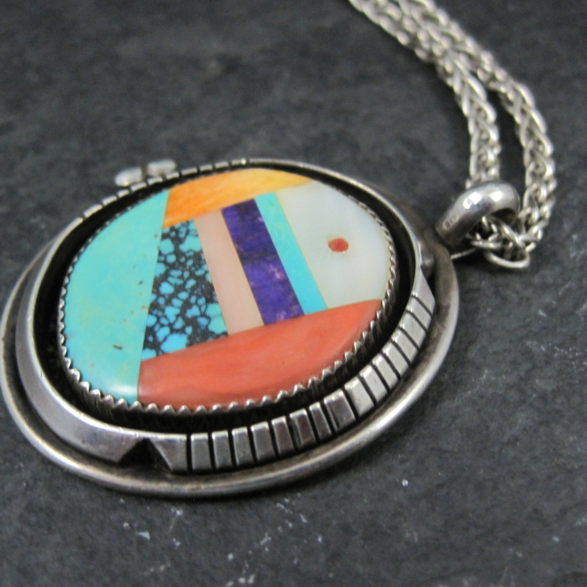 Large Sterling Silver Native American Inlay Pendant Necklace