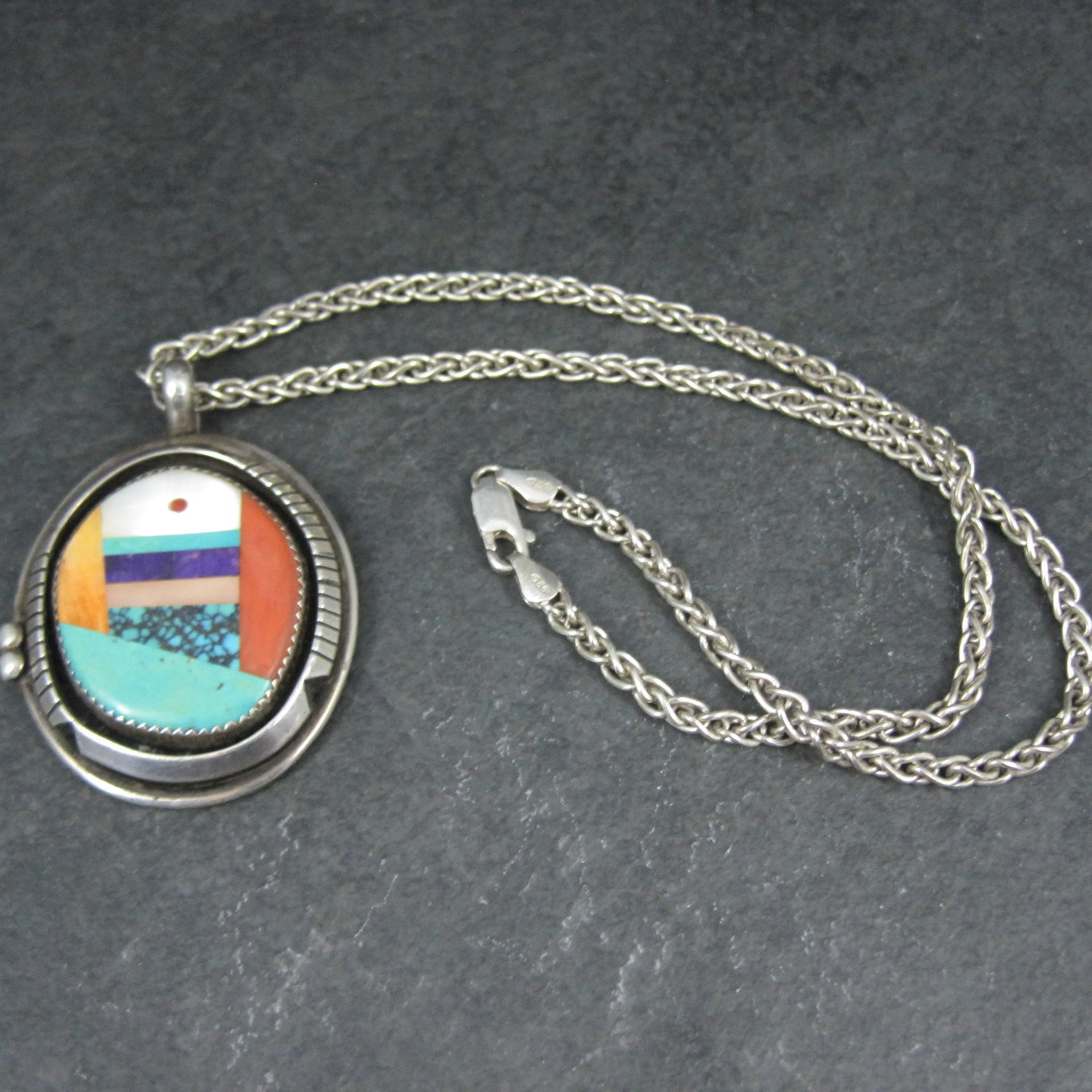Large Sterling Silver Native American Inlay Pendant Necklace
