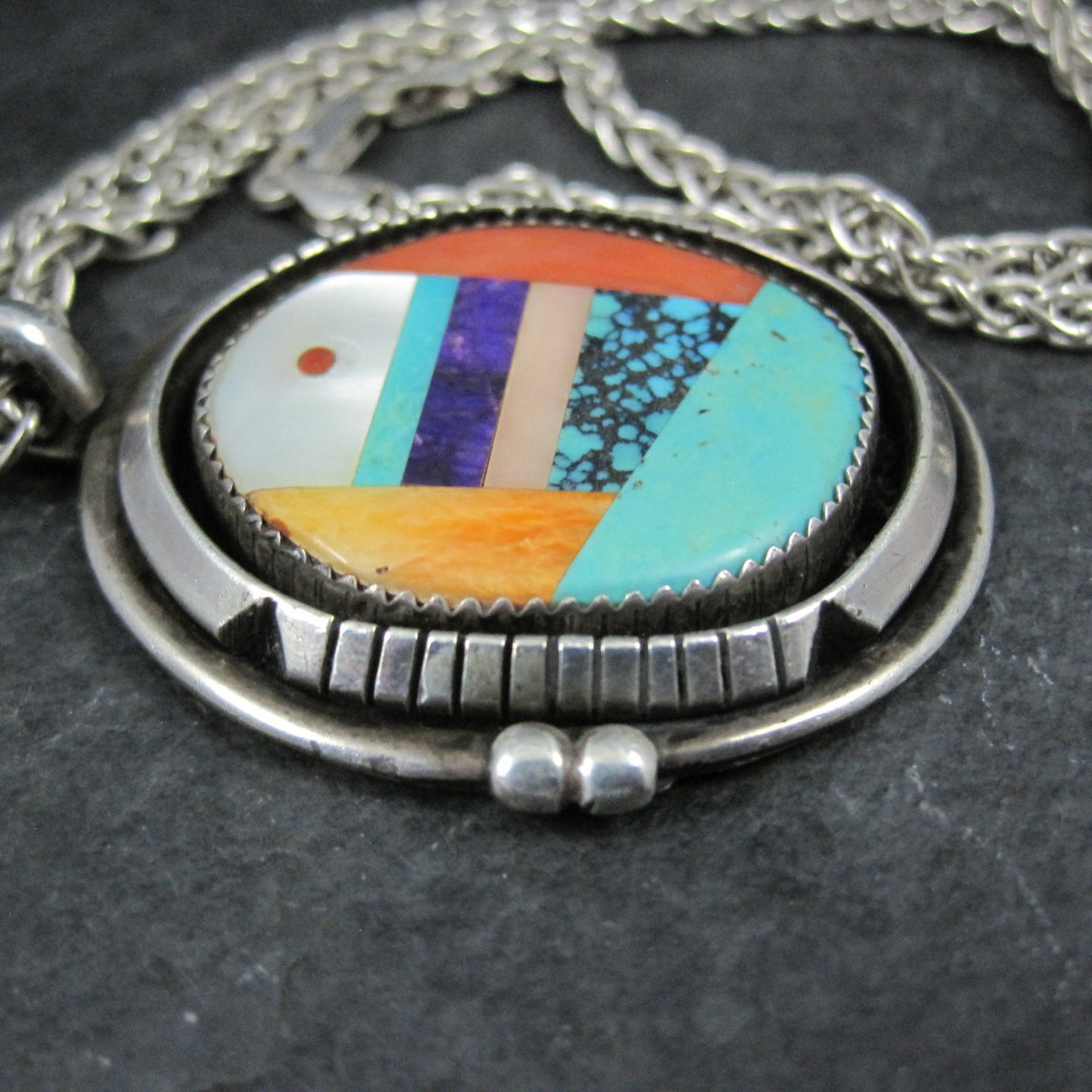 Large Sterling Silver Native American Inlay Pendant Necklace