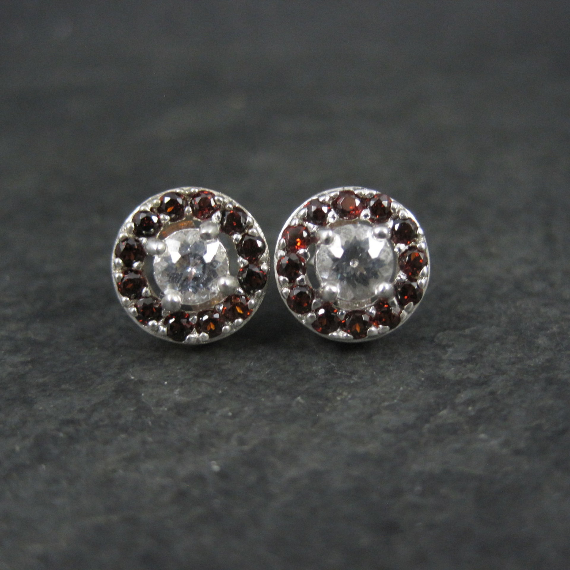 Quartz and Garnet Halo Stud Earrings Sterling Silver