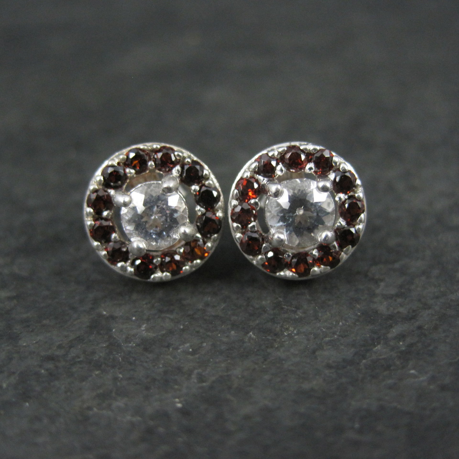 Quartz and Garnet Halo Stud Earrings Sterling Silver