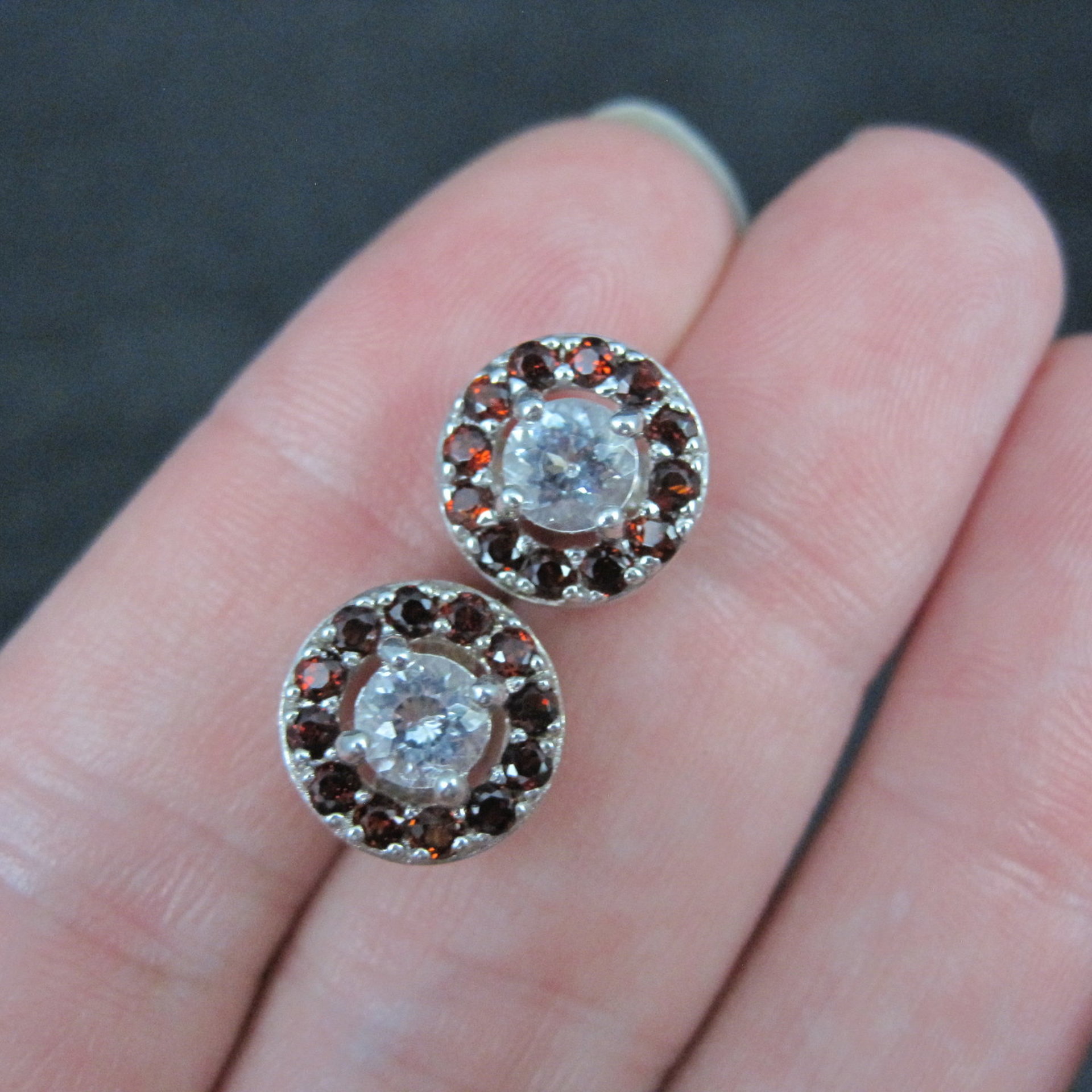 Quartz and Garnet Halo Stud Earrings Sterling Silver