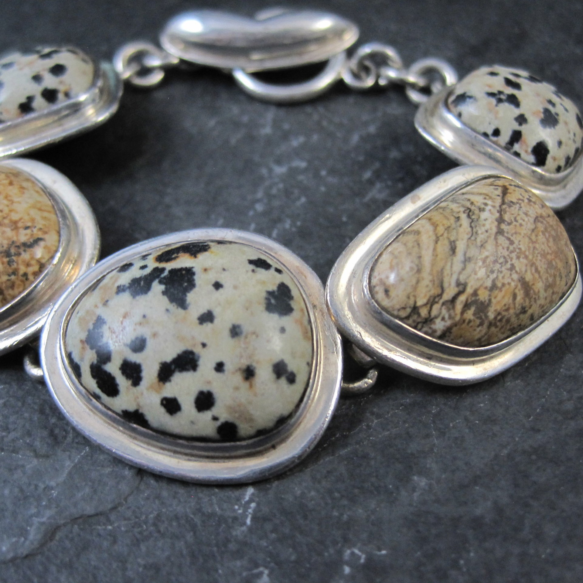 Heavy Sterling Silver Dalmatian and Picture Jasper Toggle Bracelet