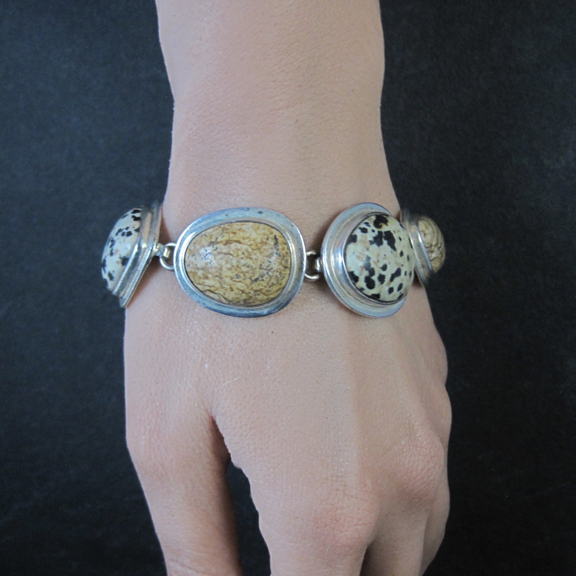 Heavy Sterling Silver Dalmatian and Picture Jasper Toggle Bracelet