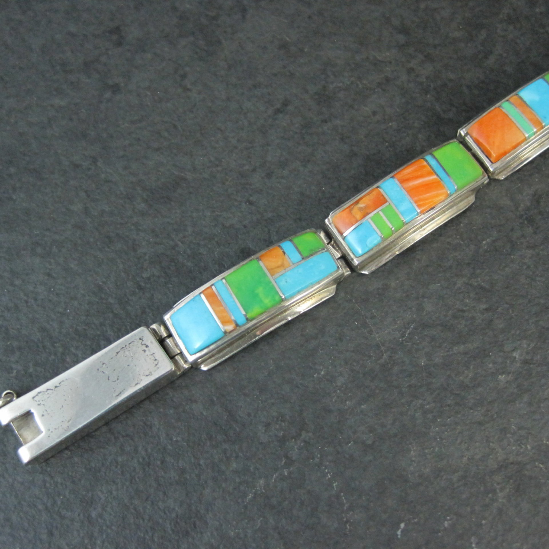 Vintage Southwestern Gemstone Inlay Bracelet Sterling Silver 6.75"