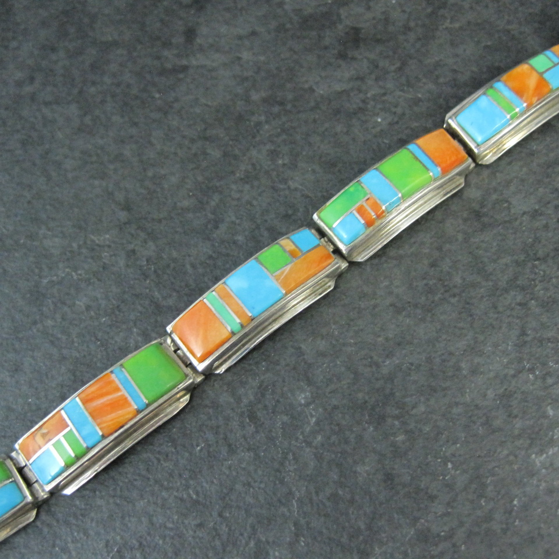 Vintage Southwestern Gemstone Inlay Bracelet Sterling Silver 6.75"