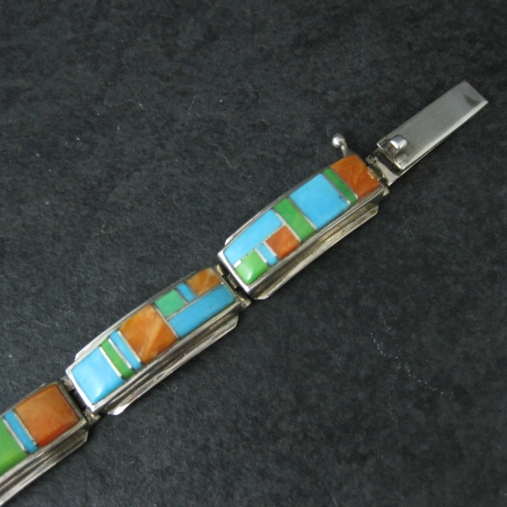 Vintage Southwestern Gemstone Inlay Bracelet Sterling Silver 6.75"