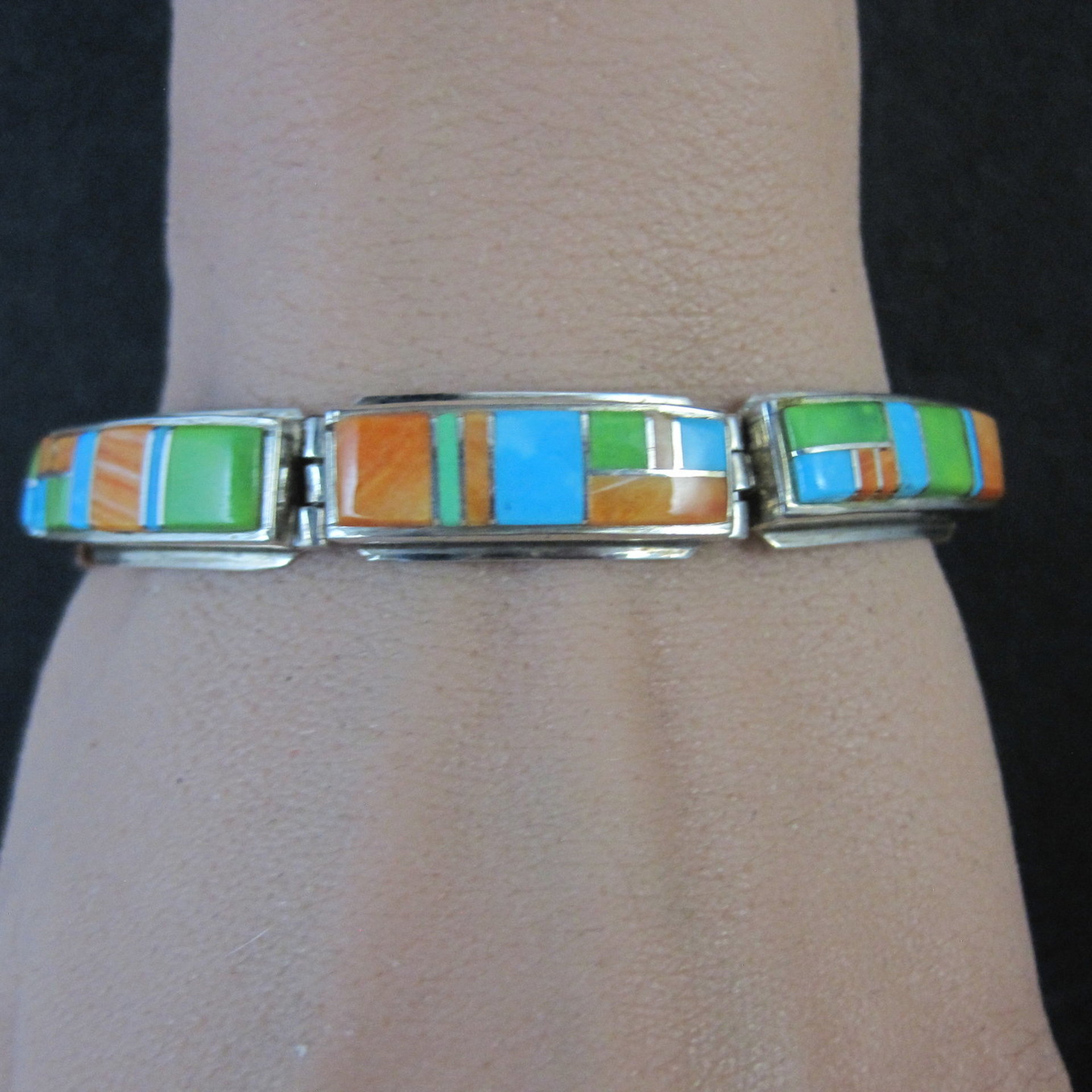 Vintage Southwestern Gemstone Inlay Bracelet Sterling Silver 6.75"