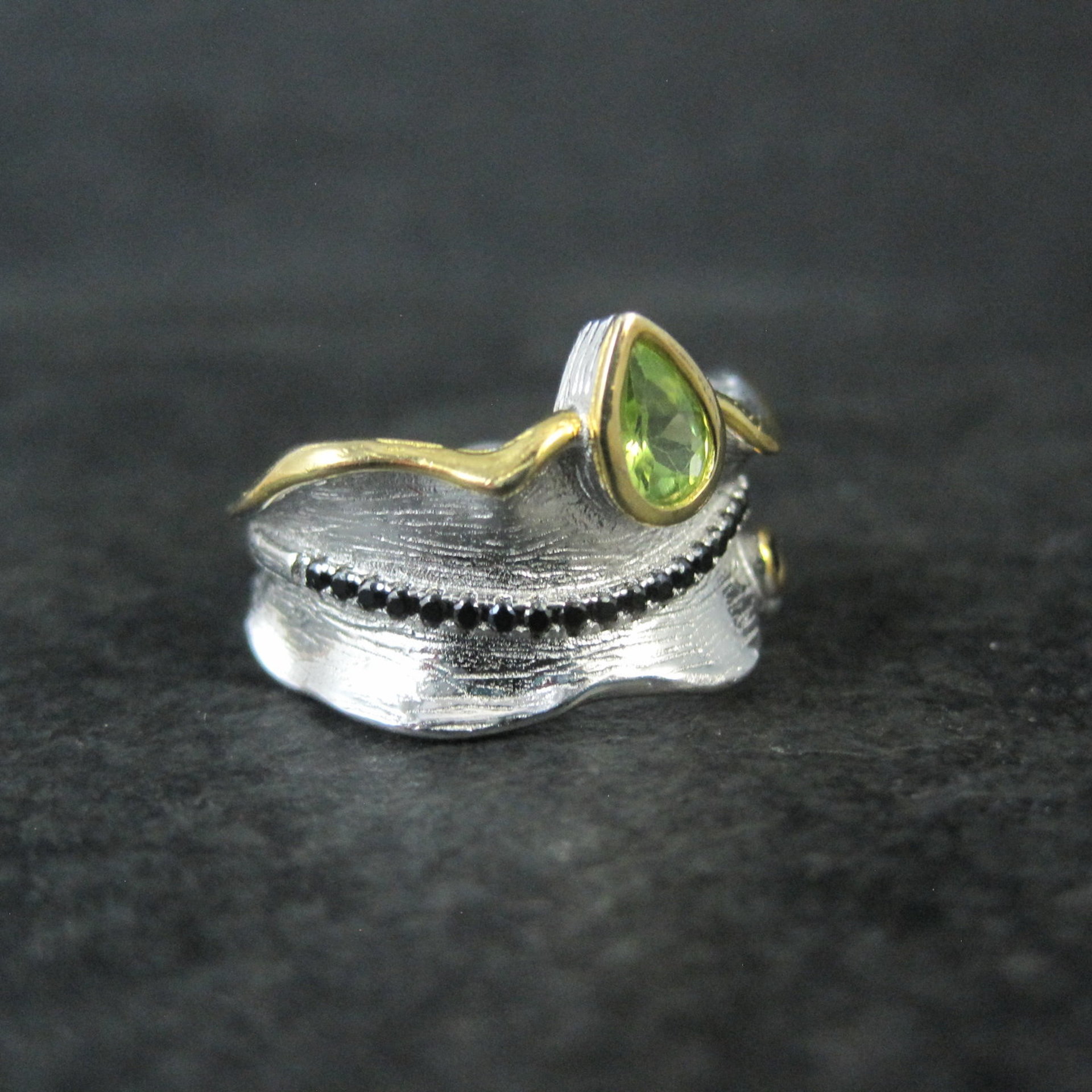 Unique Peridot & Black Spinel Ring Size 7 Sterling Silver & Vermeil