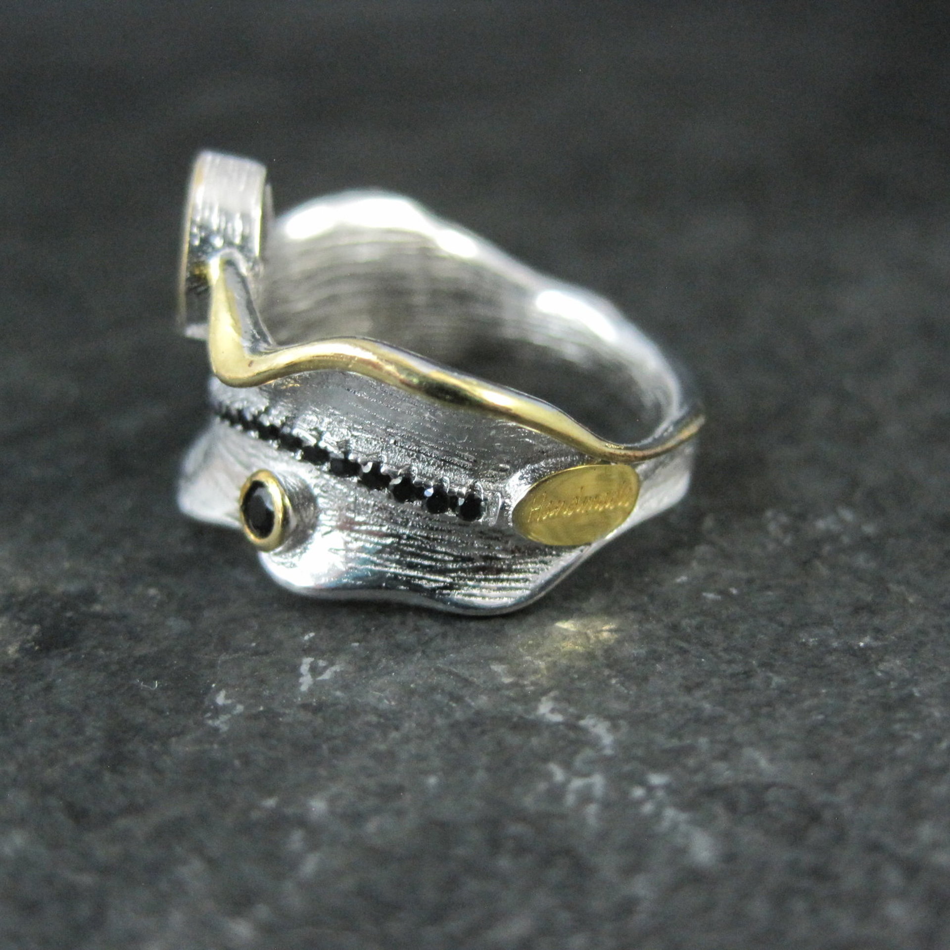 Unique Peridot & Black Spinel Ring Size 7 Sterling Silver & Vermeil