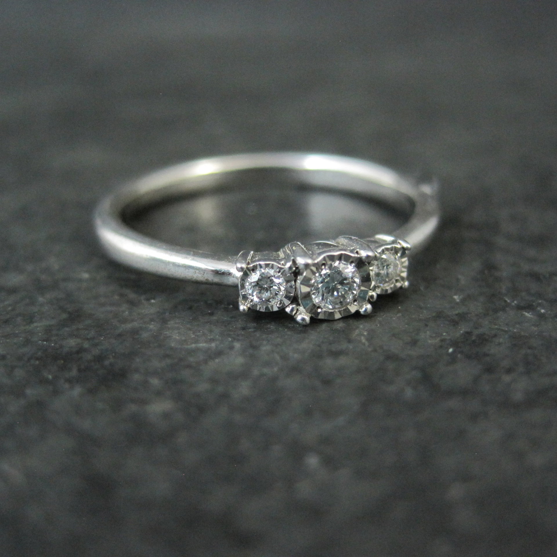Dainty Sterling Silver 3 Stone Diamond Ring Size 8 
