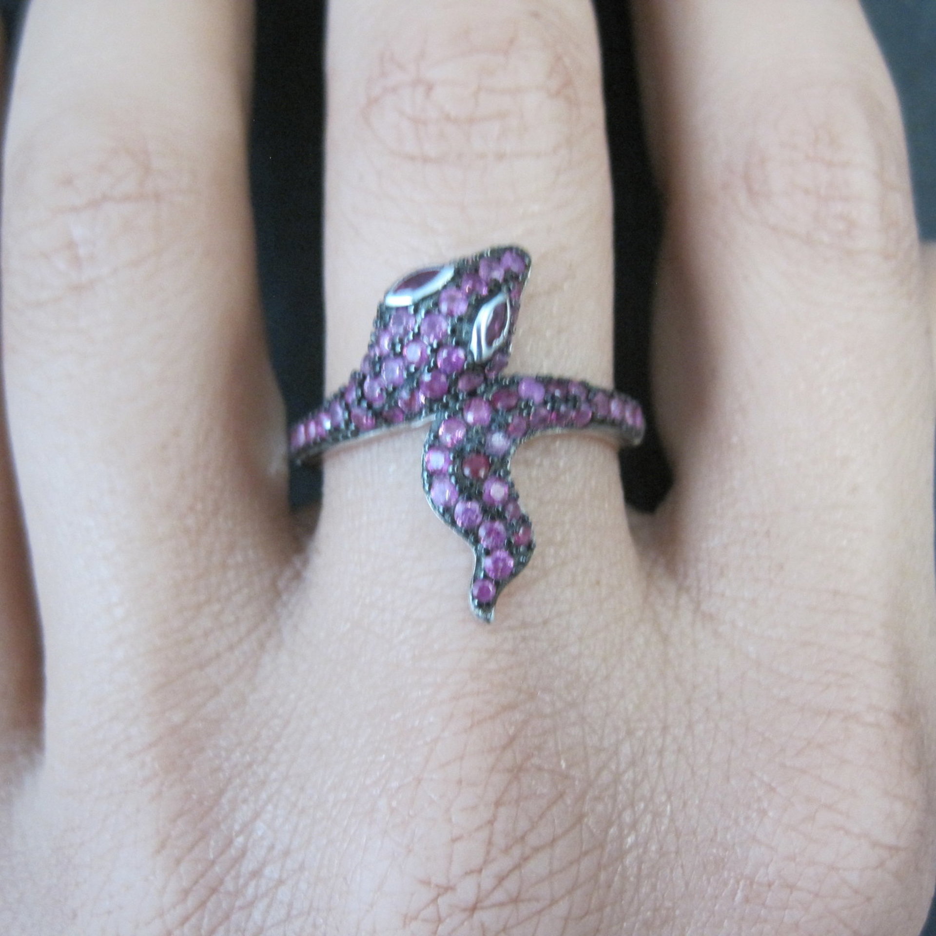 Sterling Silver Snake Ring with Pink Sapphires Size 8
