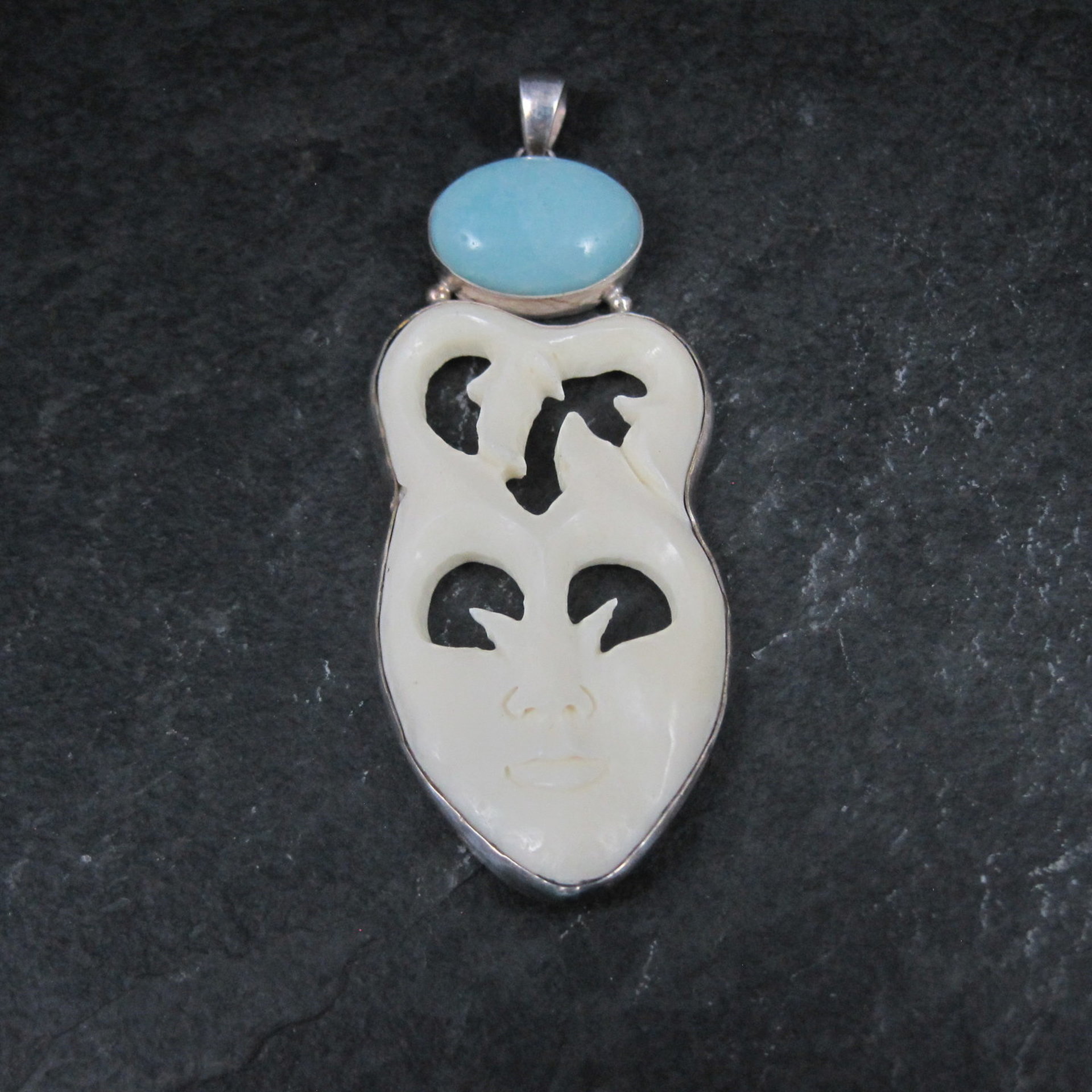 Large Sterling Larimar Bone Face Pendant Unusual Unique