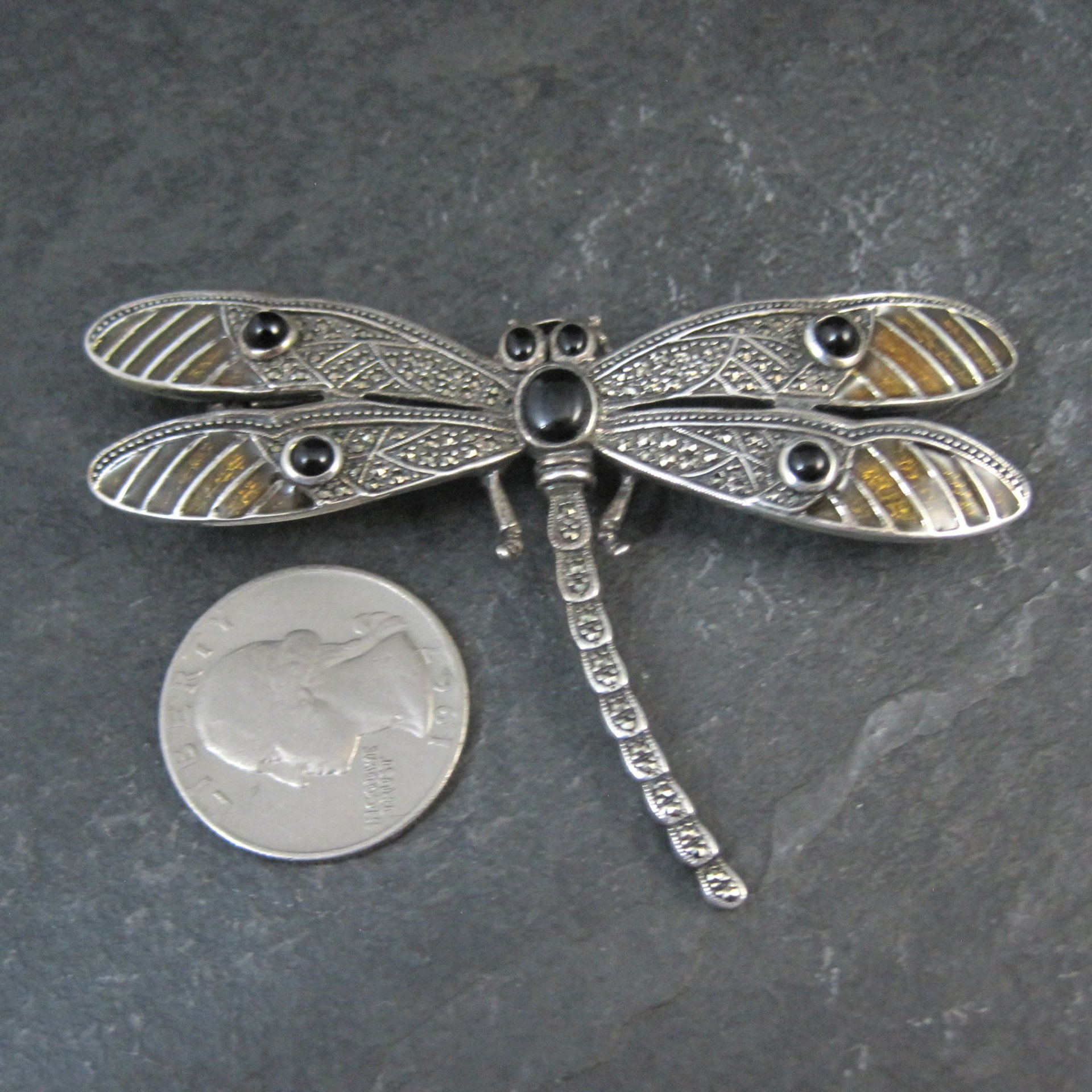 Large Sterling Silver Dragonfly Brooch with Onyx Enamel Marcasites