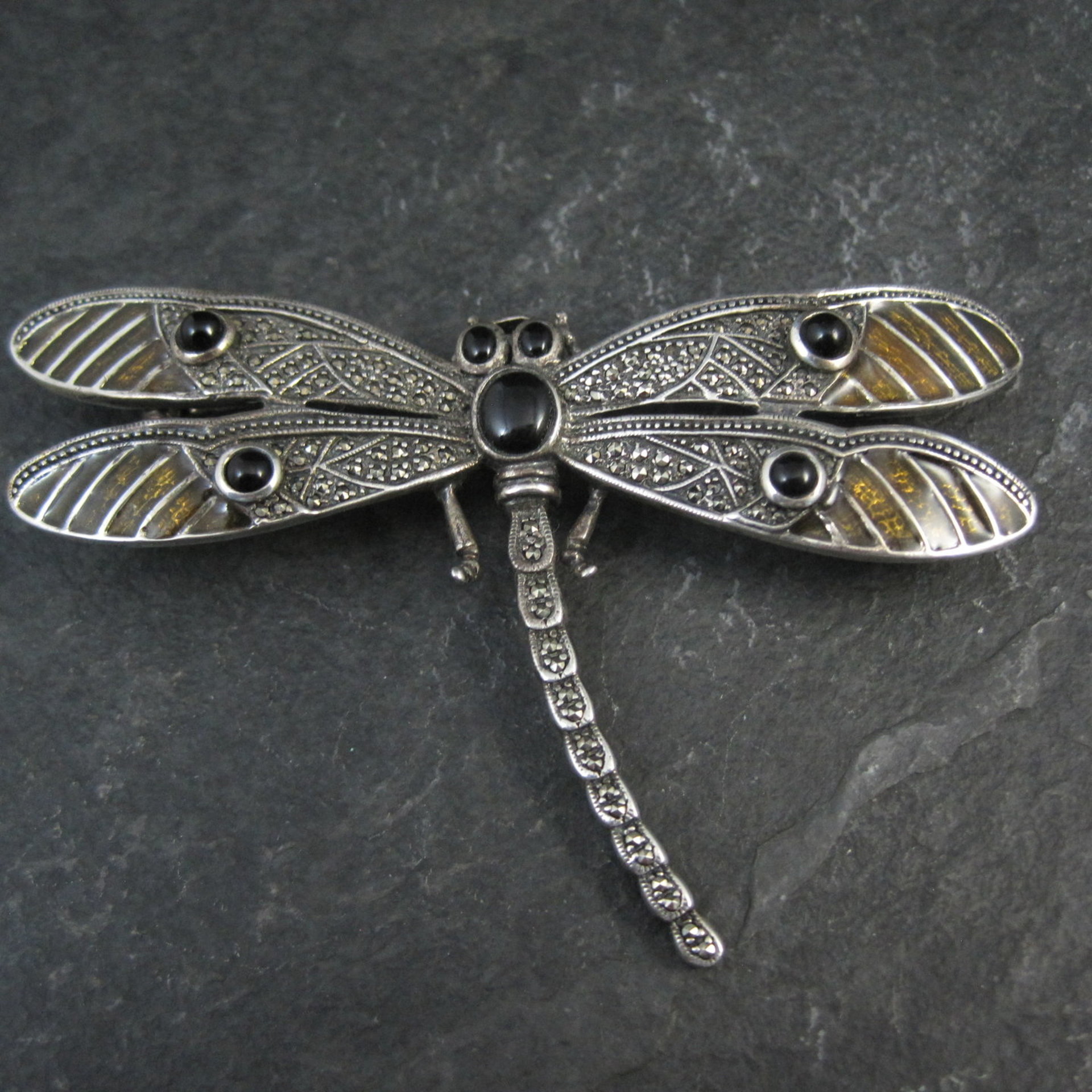 Large Sterling Silver Dragonfly Brooch with Onyx Enamel Marcasites