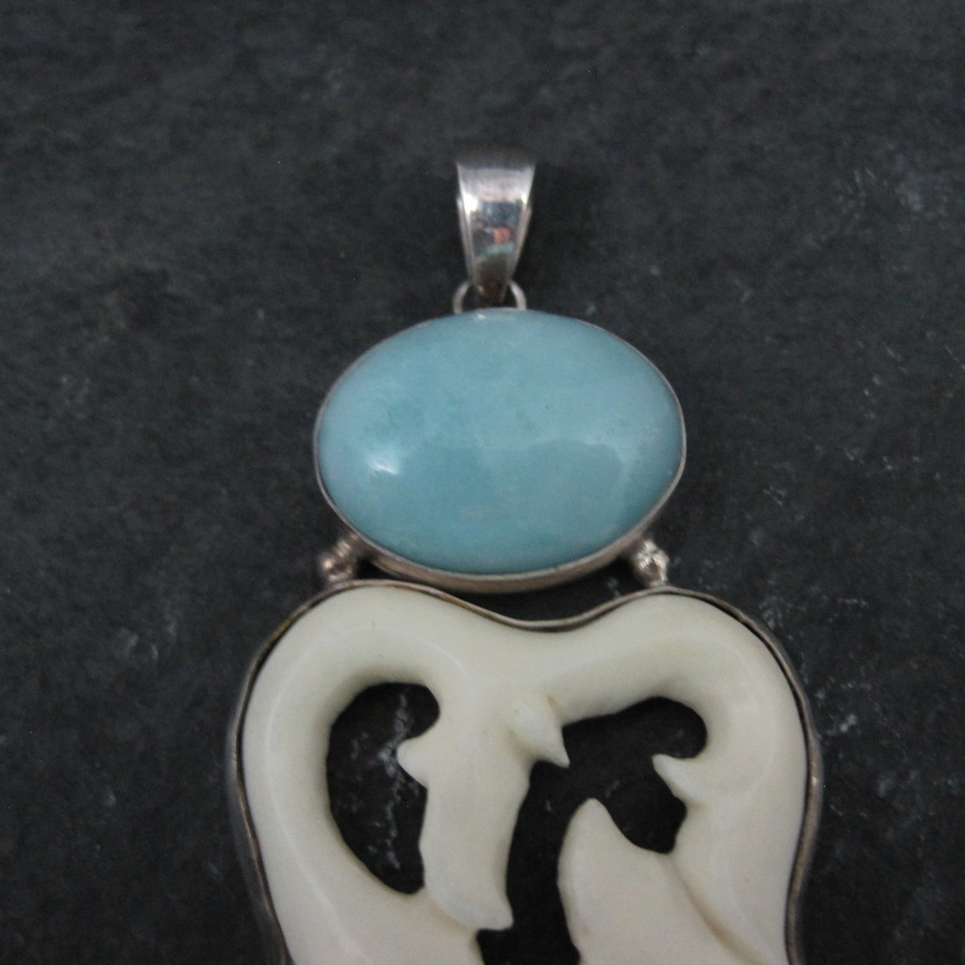 Large Sterling Larimar Bone Face Pendant Unusual Unique