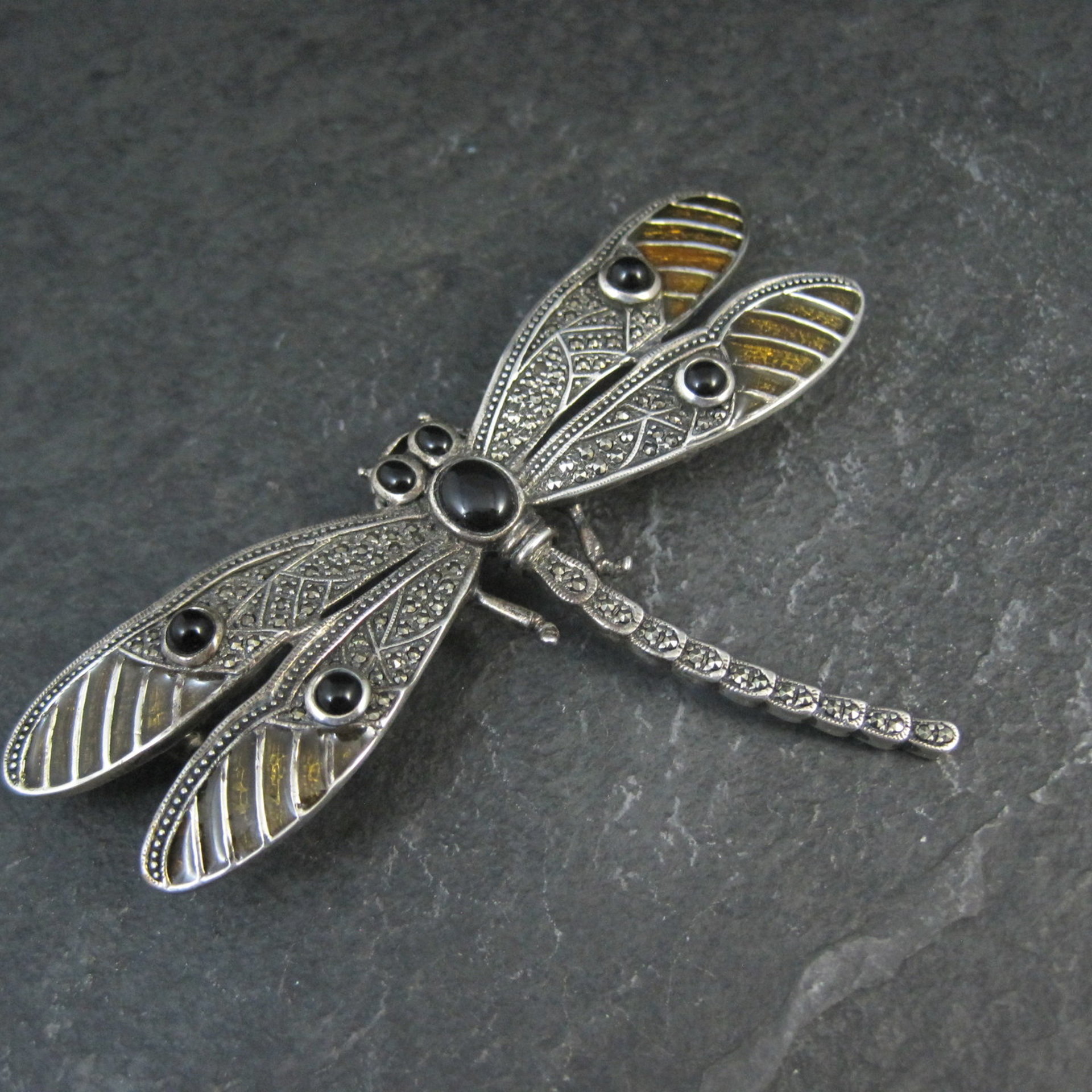Large Sterling Silver Dragonfly Brooch with Onyx Enamel Marcasites