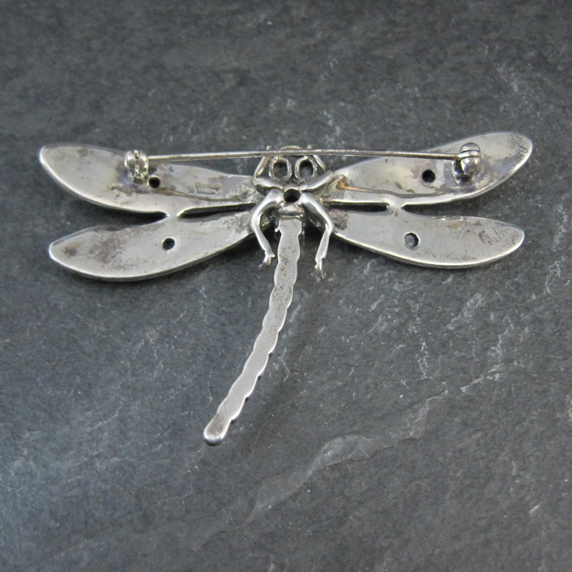 Large Sterling Silver Dragonfly Brooch with Onyx Enamel Marcasites