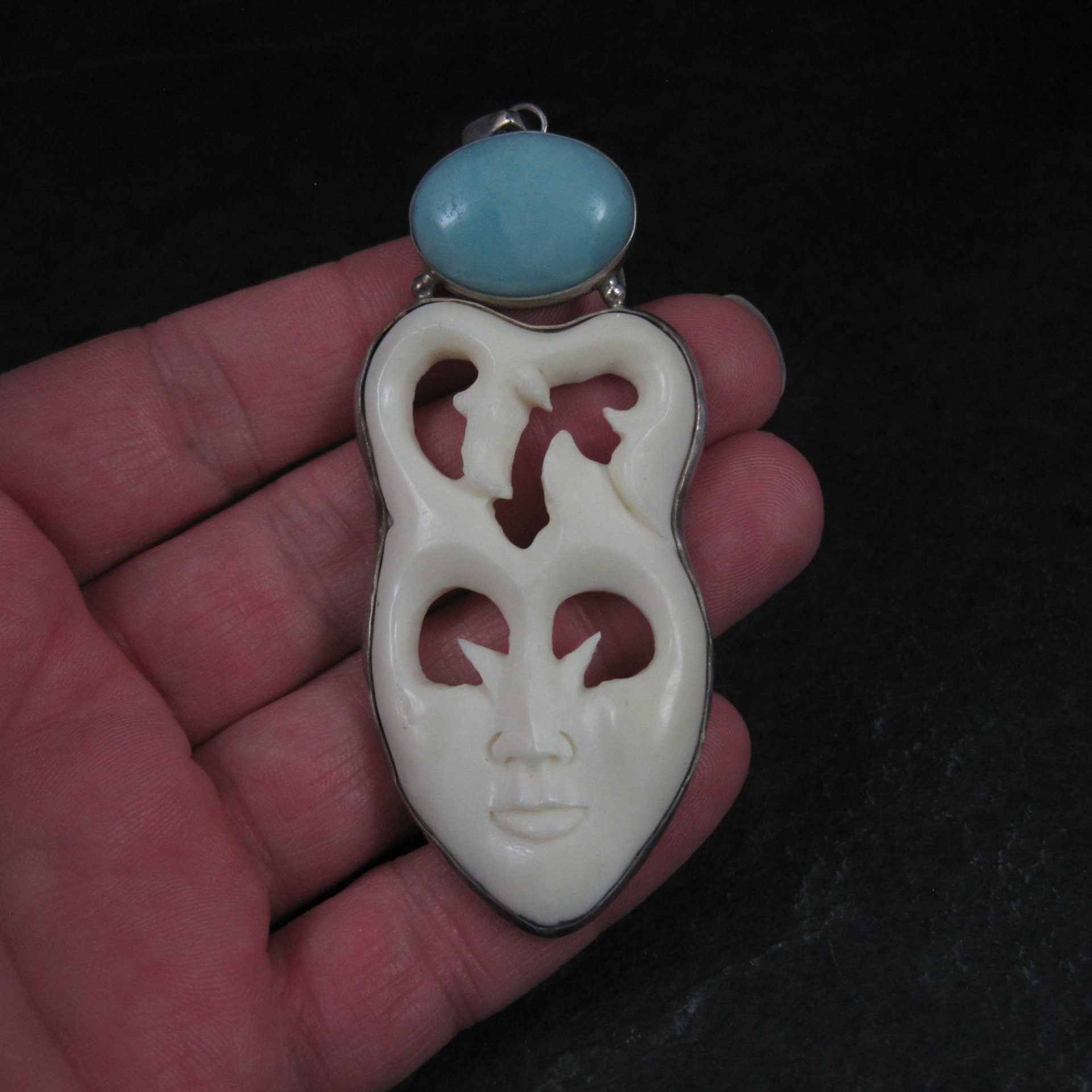 Large Sterling Larimar Bone Face Pendant Unusual Unique