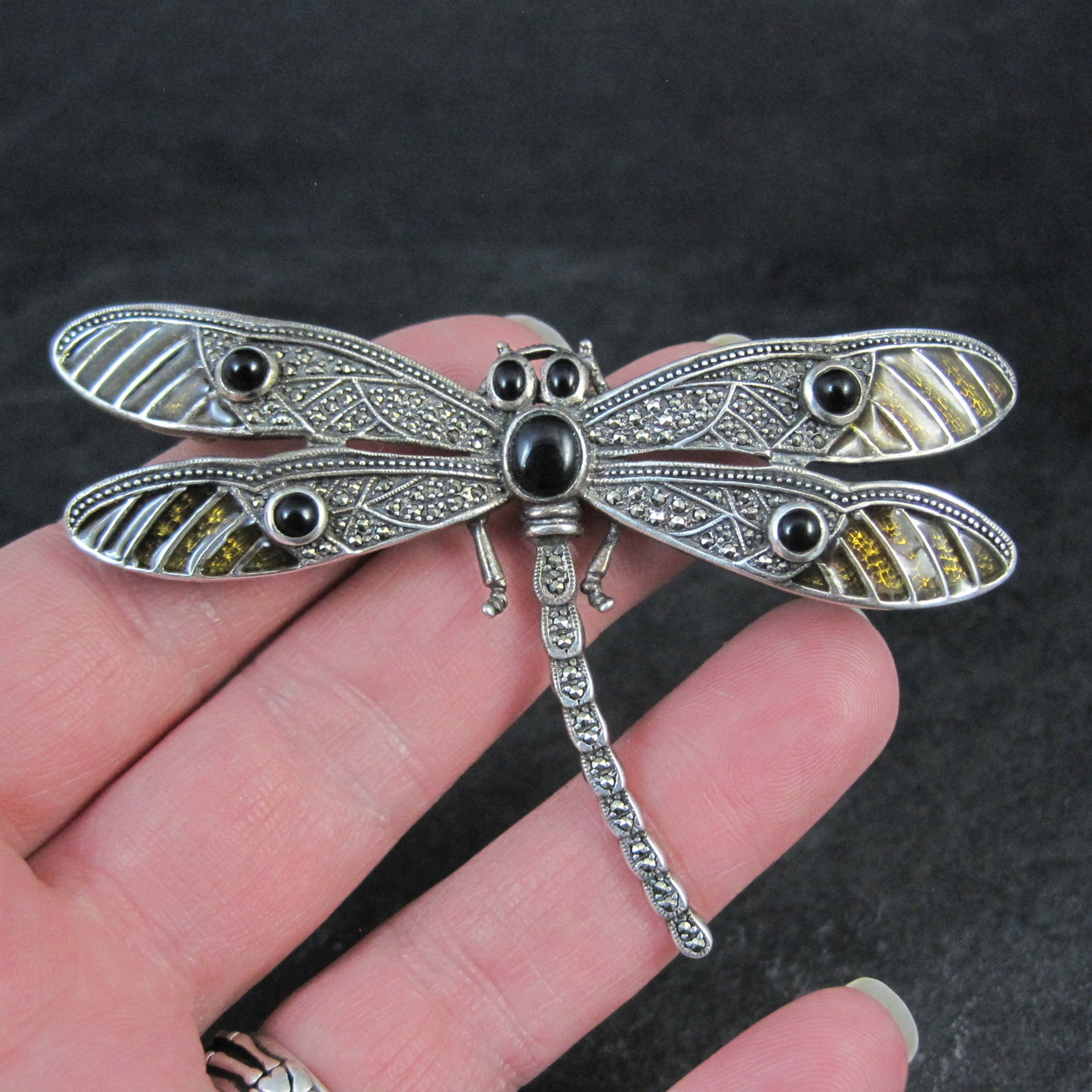 Large Sterling Silver Dragonfly Brooch with Onyx Enamel Marcasites