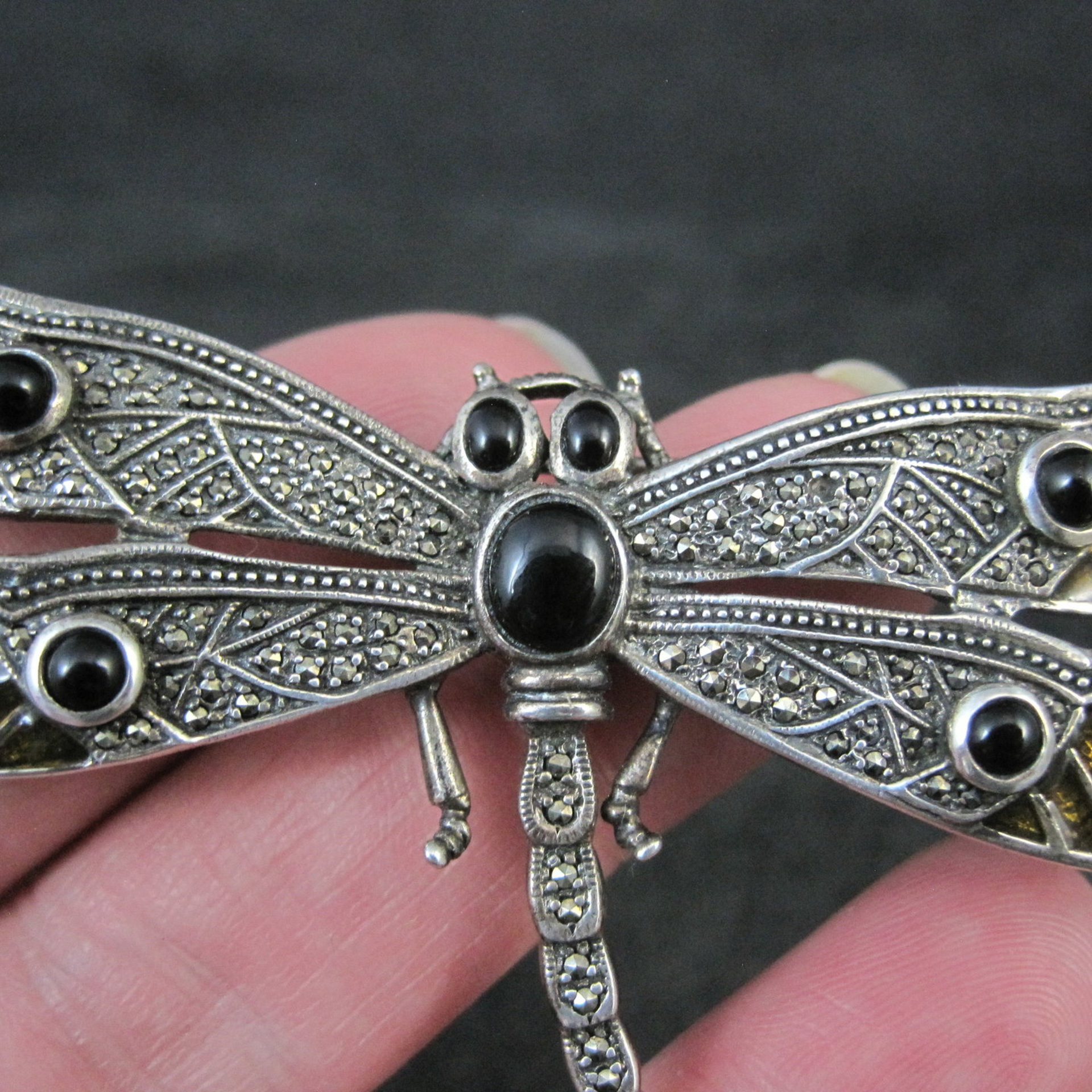 Large Sterling Silver Dragonfly Brooch with Onyx Enamel Marcasites