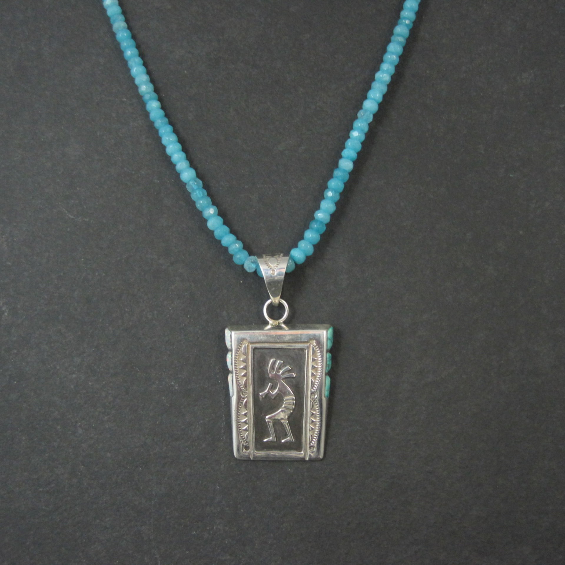 Vintage Navajo Turquoise Opal Kokopelli Pendant on Apatite Bead Necklace Leonard Jim