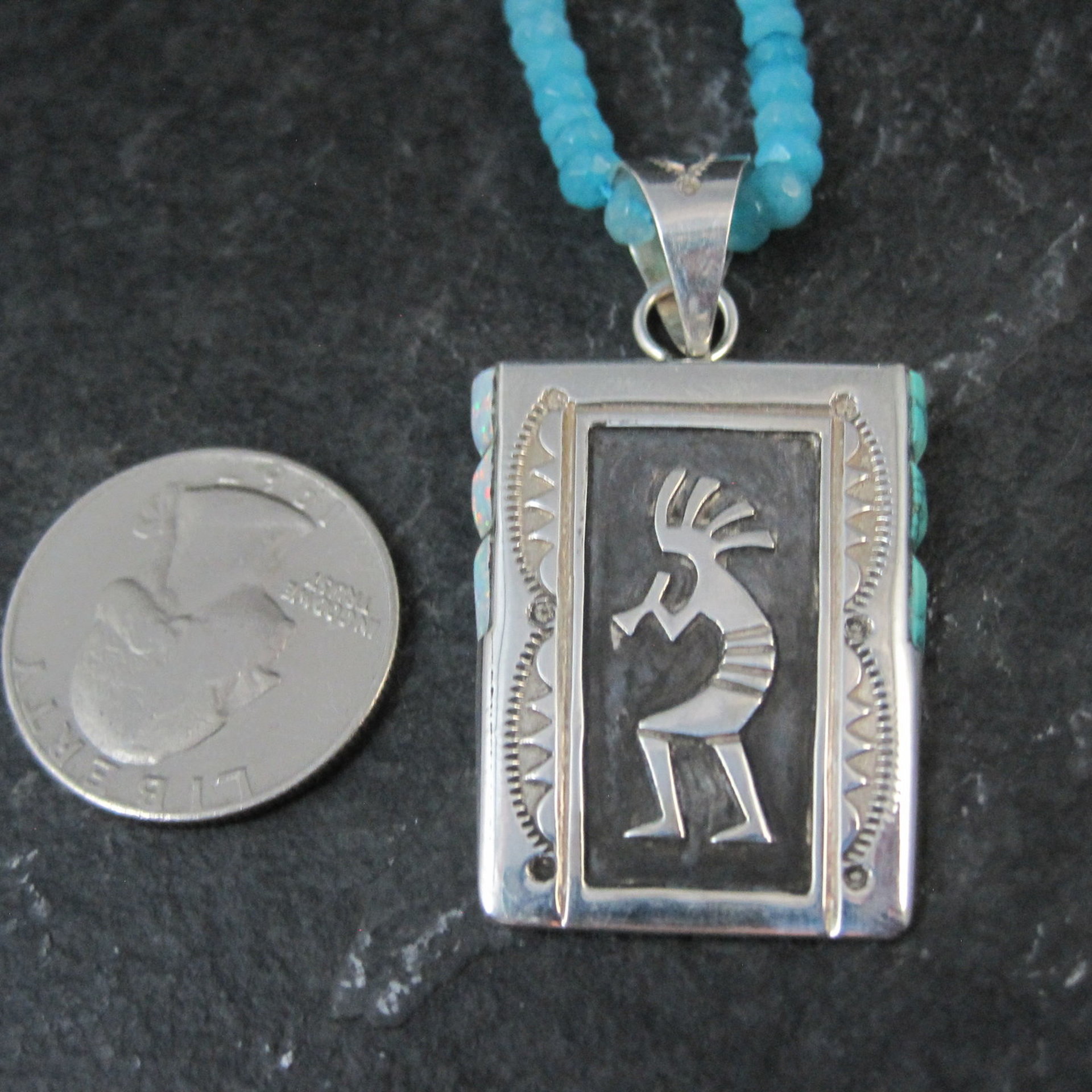 Vintage Navajo Turquoise Opal Kokopelli Pendant on Apatite Bead Necklace Leonard Jim