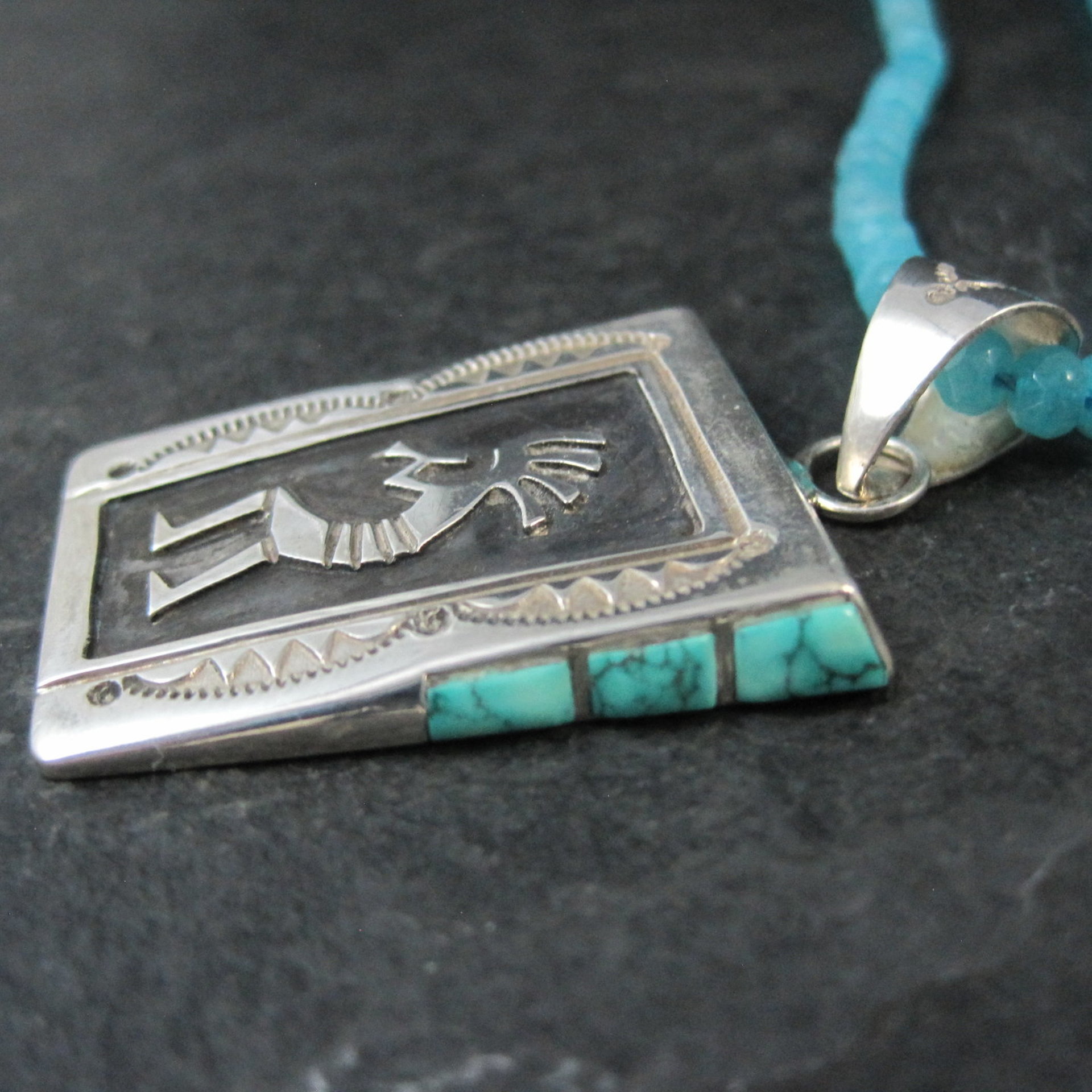 Vintage Navajo Turquoise Opal Kokopelli Pendant on Apatite Bead Necklace Leonard Jim