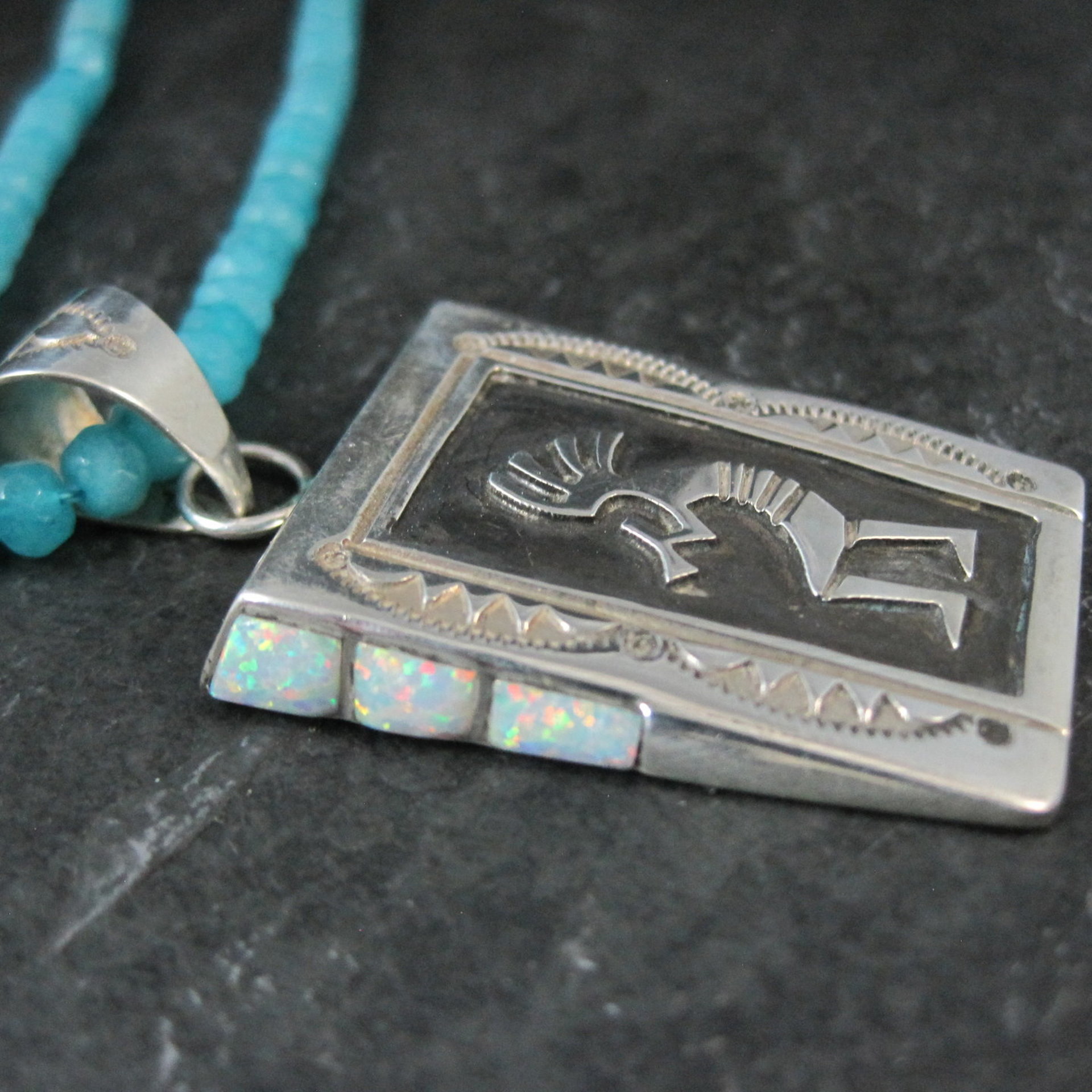 Vintage Navajo Turquoise Opal Kokopelli Pendant on Apatite Bead Necklace Leonard Jim