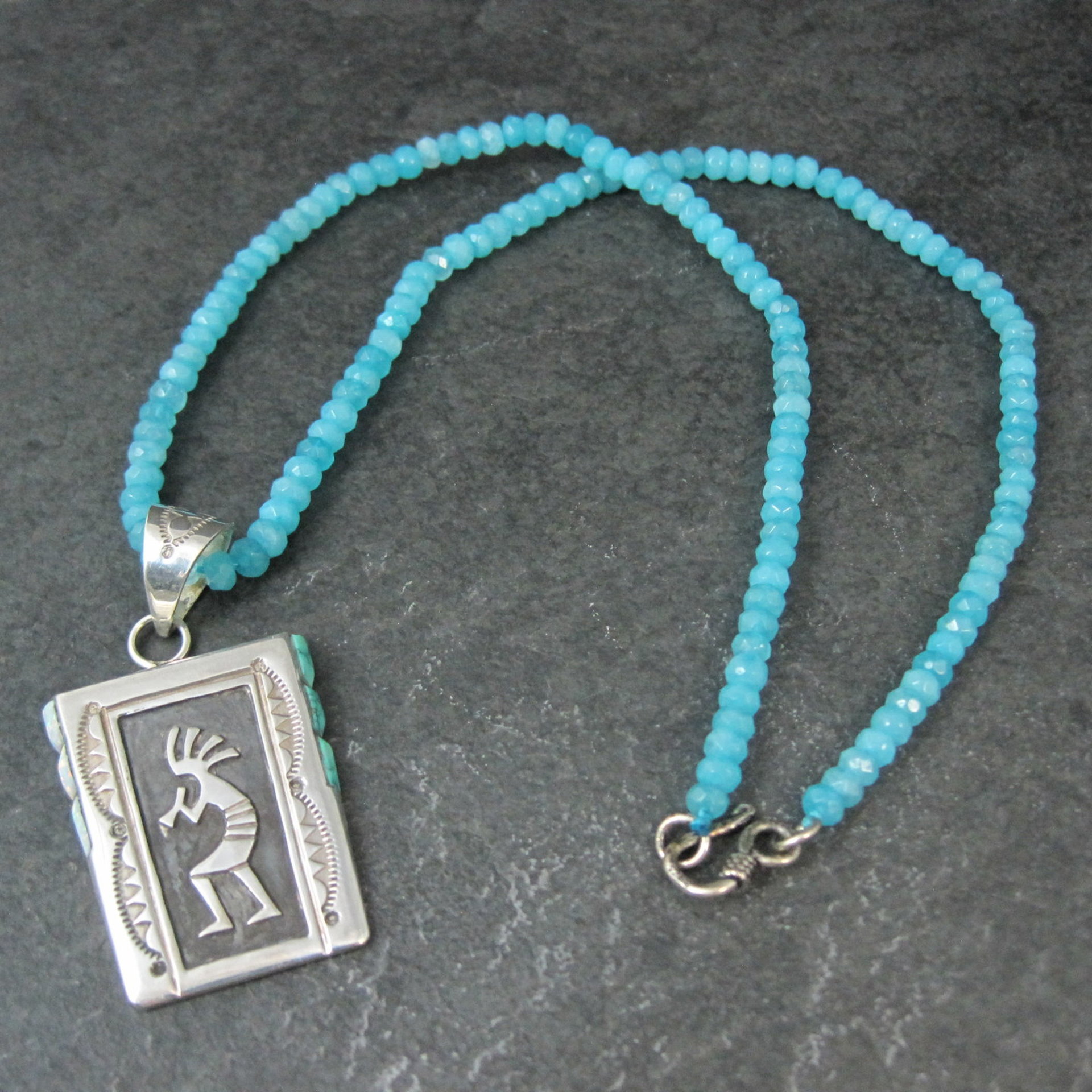 Vintage Navajo Turquoise Opal Kokopelli Pendant on Apatite Bead Necklace Leonard Jim