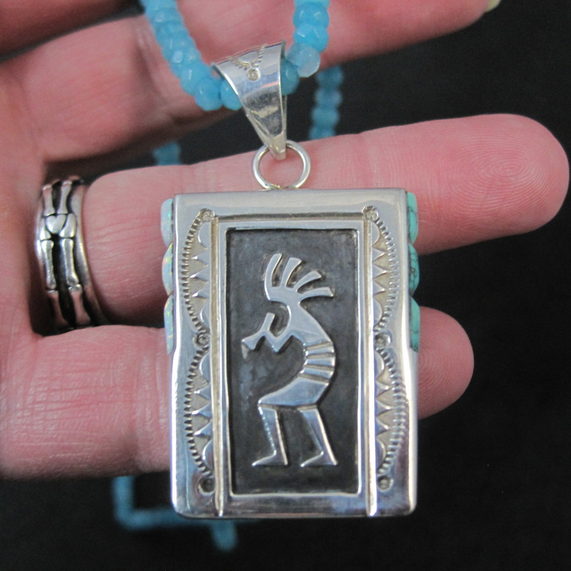 Vintage Navajo Turquoise Opal Kokopelli Pendant on Apatite Bead Necklace Leonard Jim