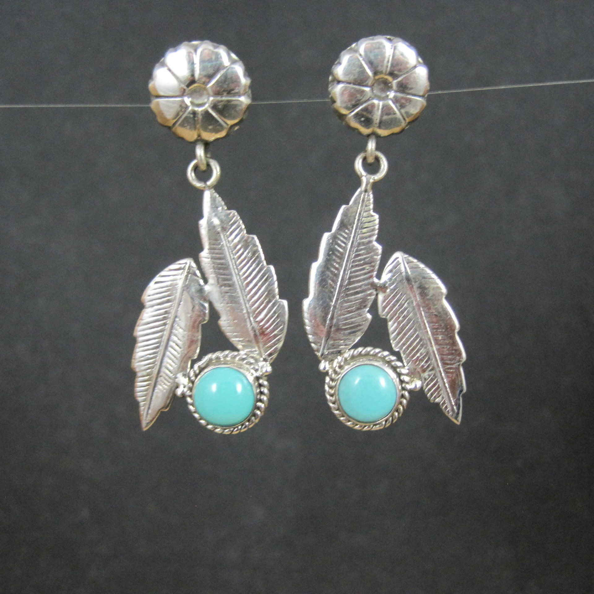 Sterling Silver Floral Feather Earrings Turquoise Glass