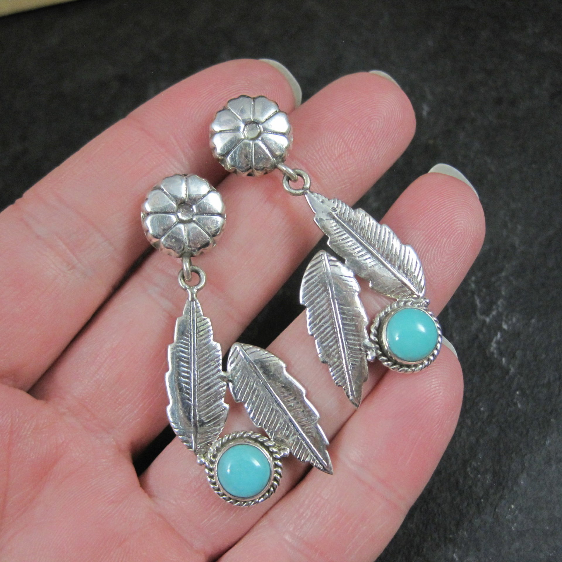 Sterling Silver Floral Feather Earrings Turquoise Glass