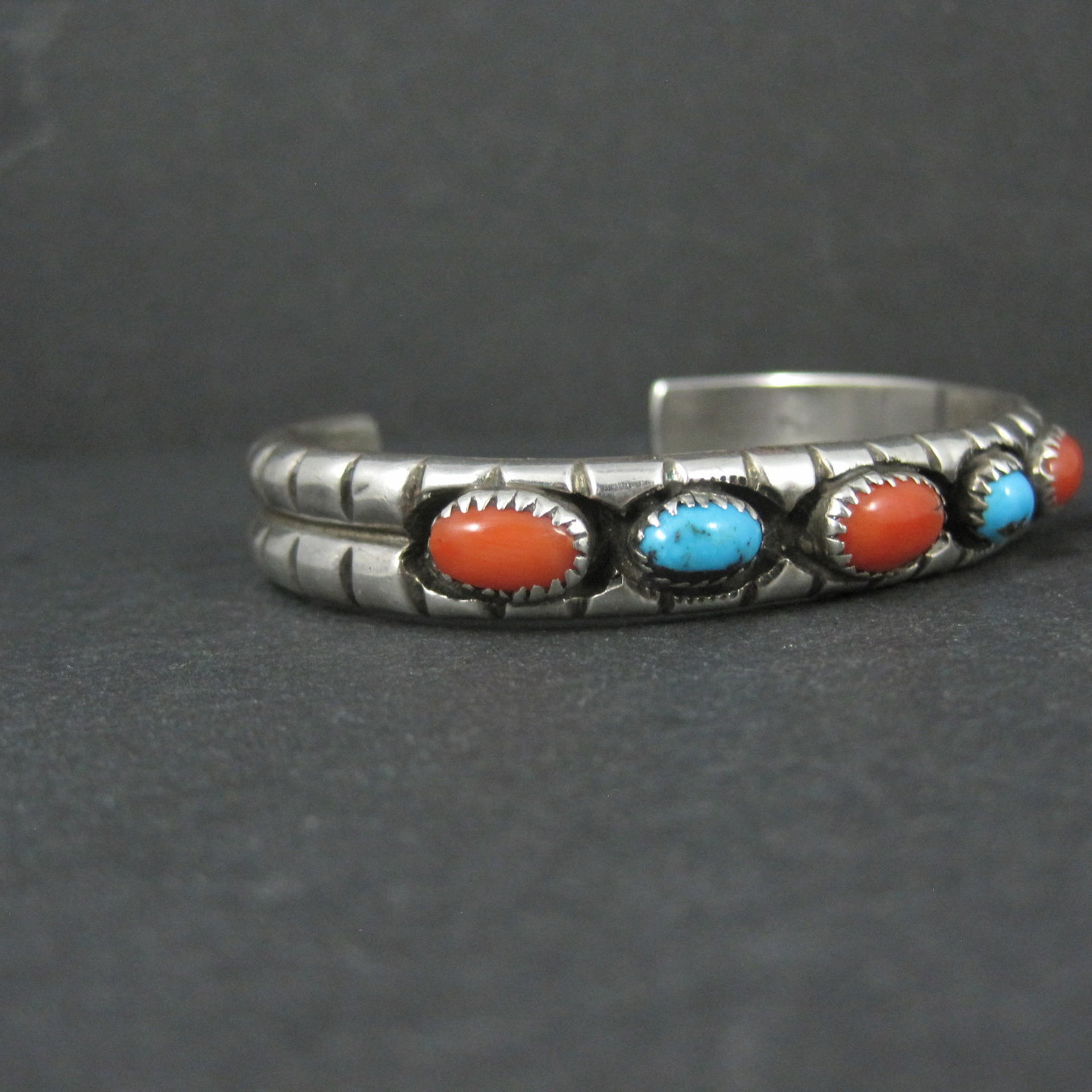 Vintage Navajo Turquoise and Coral Cuff Bracelet Sterling Silver 6.25" Eunice Claw