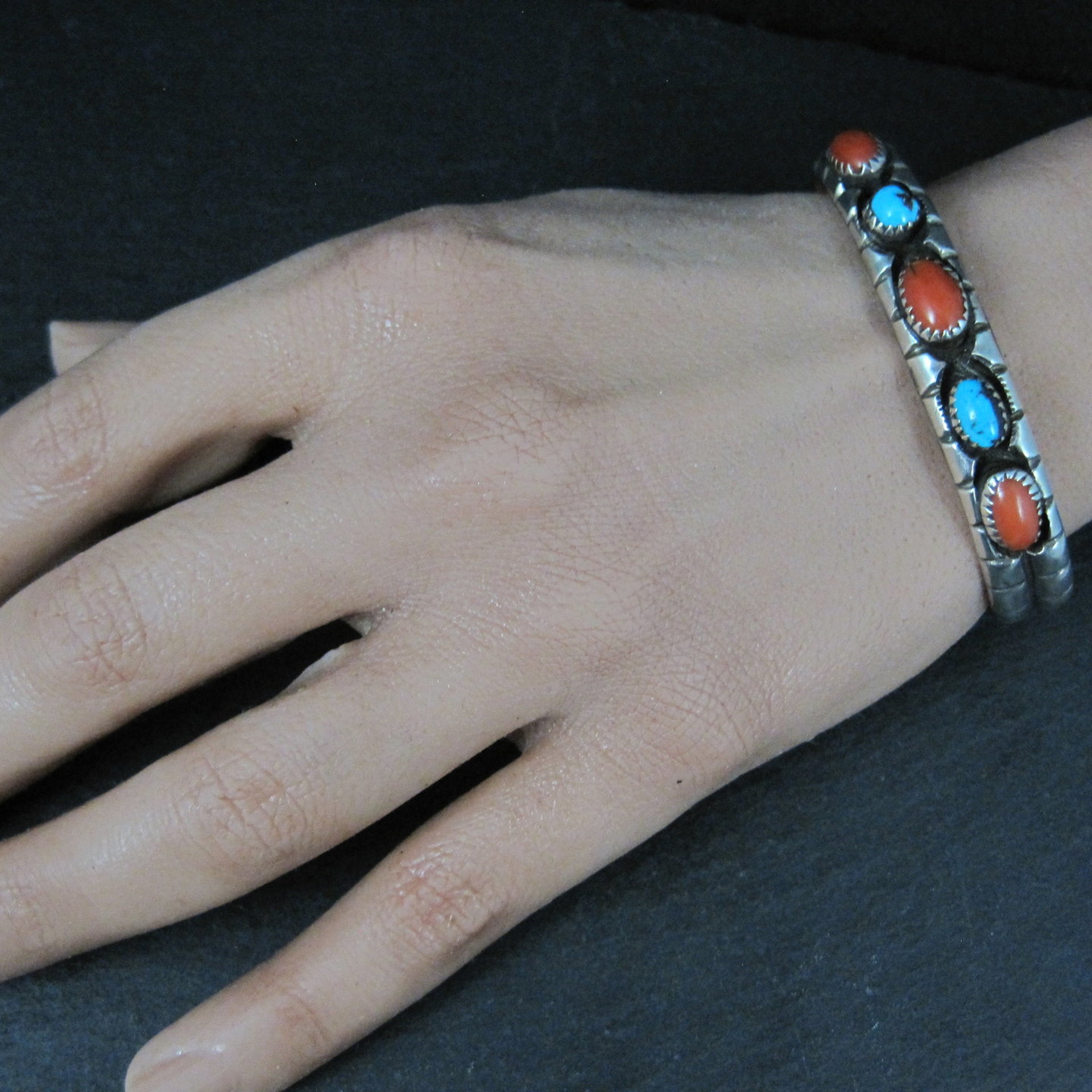 Vintage Navajo Turquoise and Coral Cuff Bracelet Sterling Silver 6.25" Eunice Claw