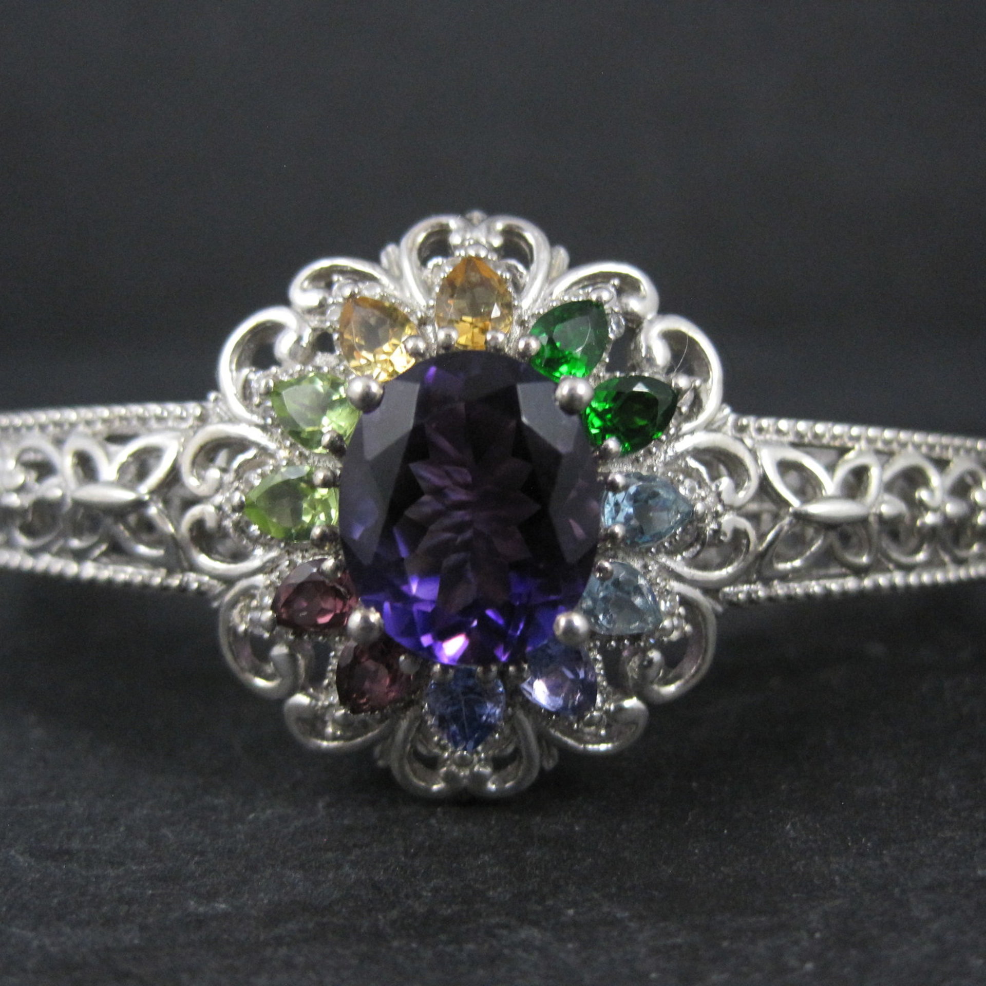 Filigree Gemstone Cuff Bracelet Sterling Silver 6.25" 
