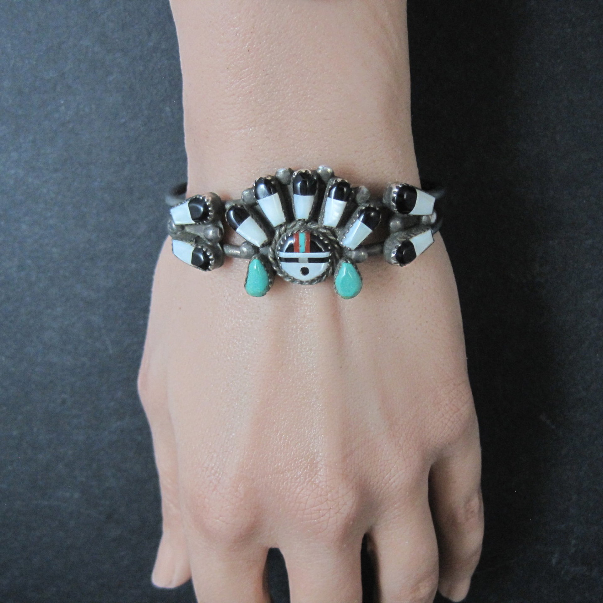 Vintage Southwestern Sterling Inlaid Sunface Cuff Bracelet 6.25"