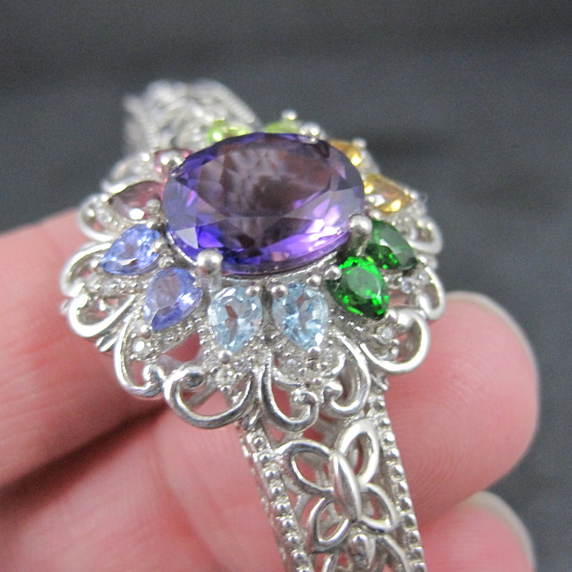 Filigree Gemstone Cuff Bracelet Sterling Silver 6.25" 
