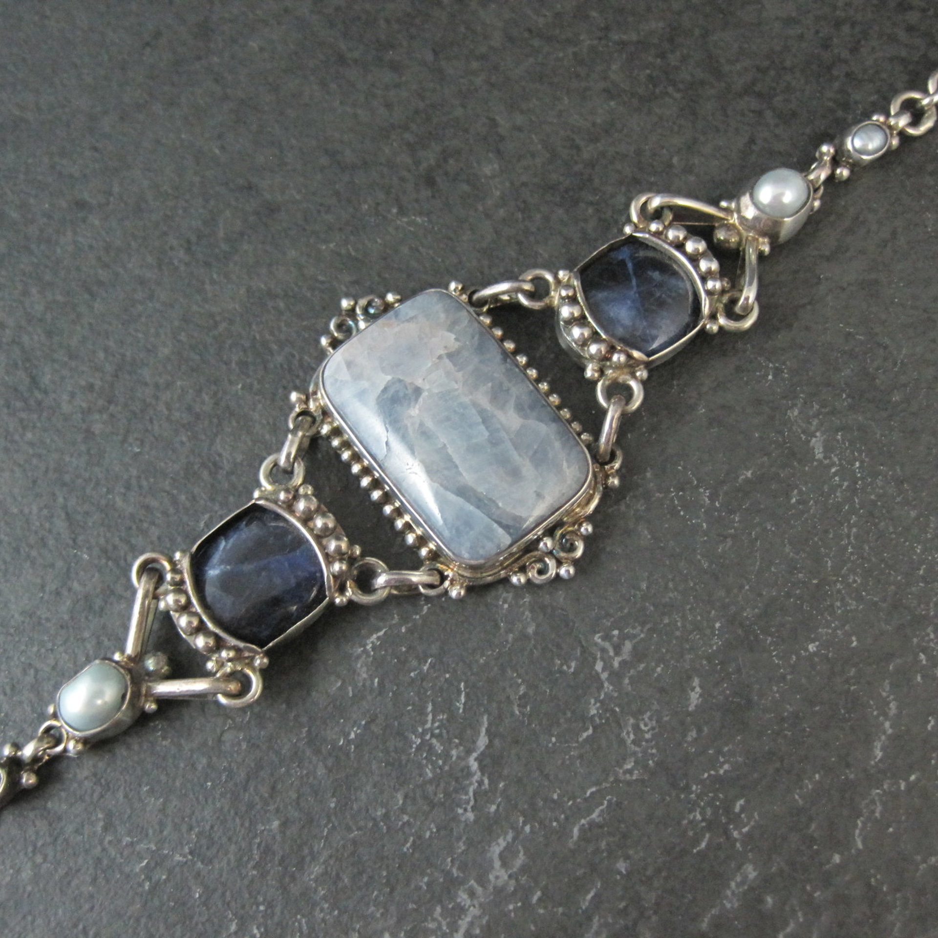 Vintage Sterling Quartz Sodalite Pearl Bracelet Sajen