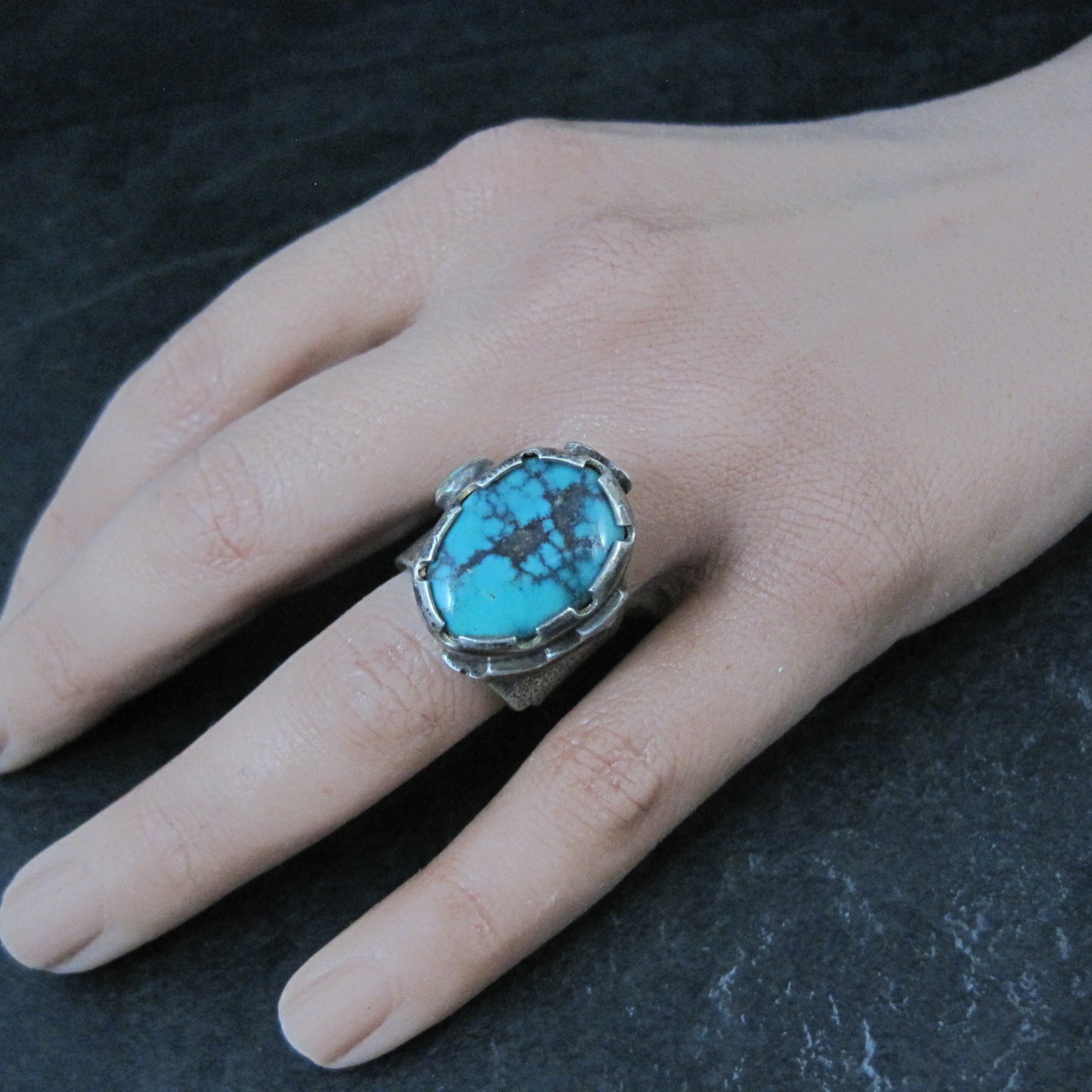 Huge Turquoise Ring Vintage Southwestern Tufa Cast Kewa Jewelry Size 6.5